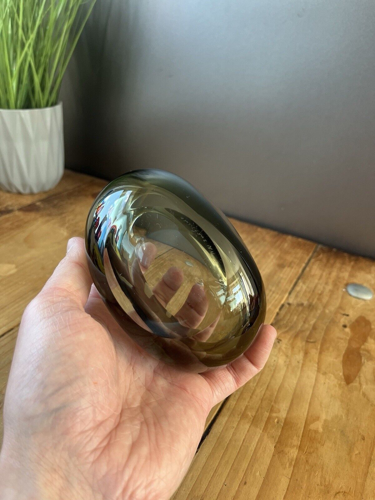 70.0 Signed 1950's Swedish Orrefors Nils Landberg Smoke Grey Glass Scandi Geode Bowl photo
