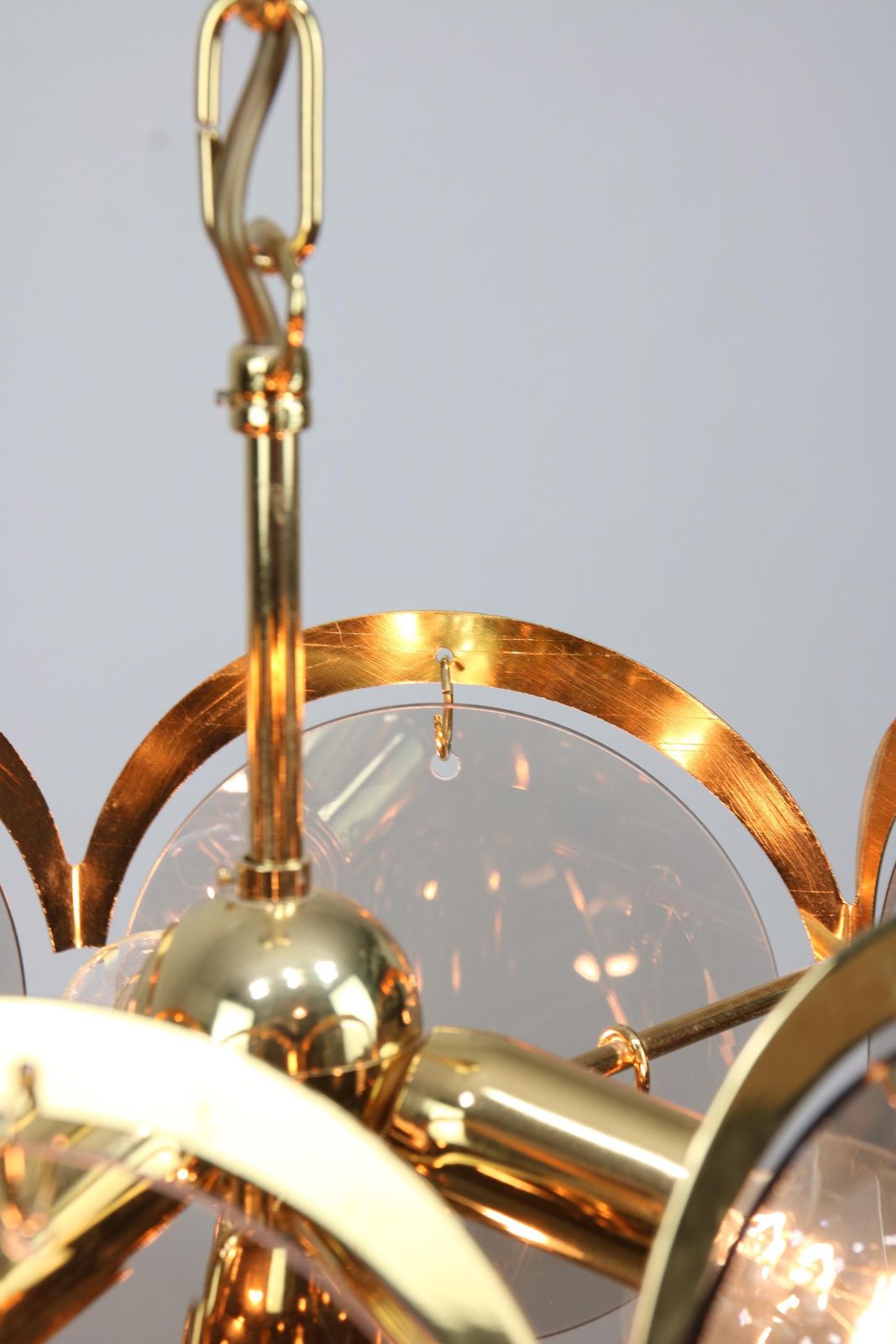 Vintage Vistosi Chandelier / Gold Metal Base With 12 Smoked Glass Discs / Italy 1970s / Mid Century Modern Pendant Lamp / Designer Lighting photo for sale