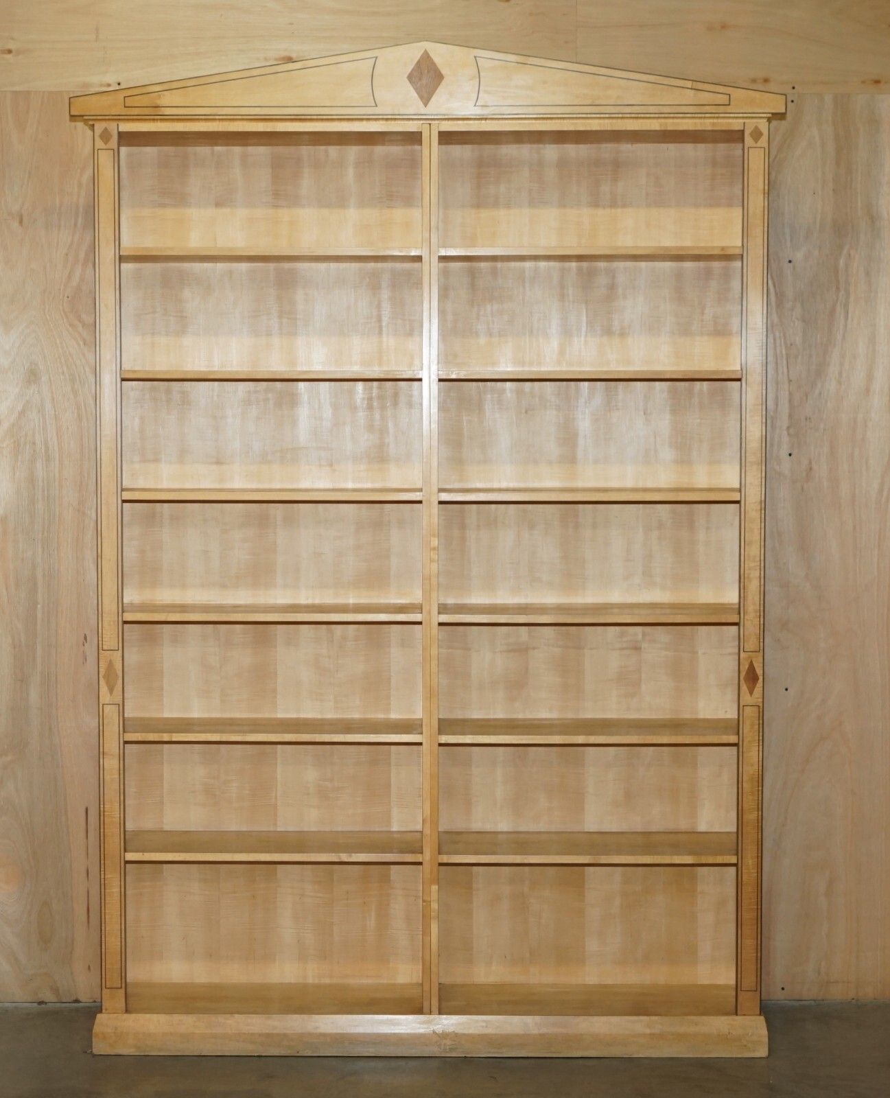 Pair Of Huge 2.5 Meter Tall Satin Birch & Walnut Steeple Top Library Bookcases photo for sale