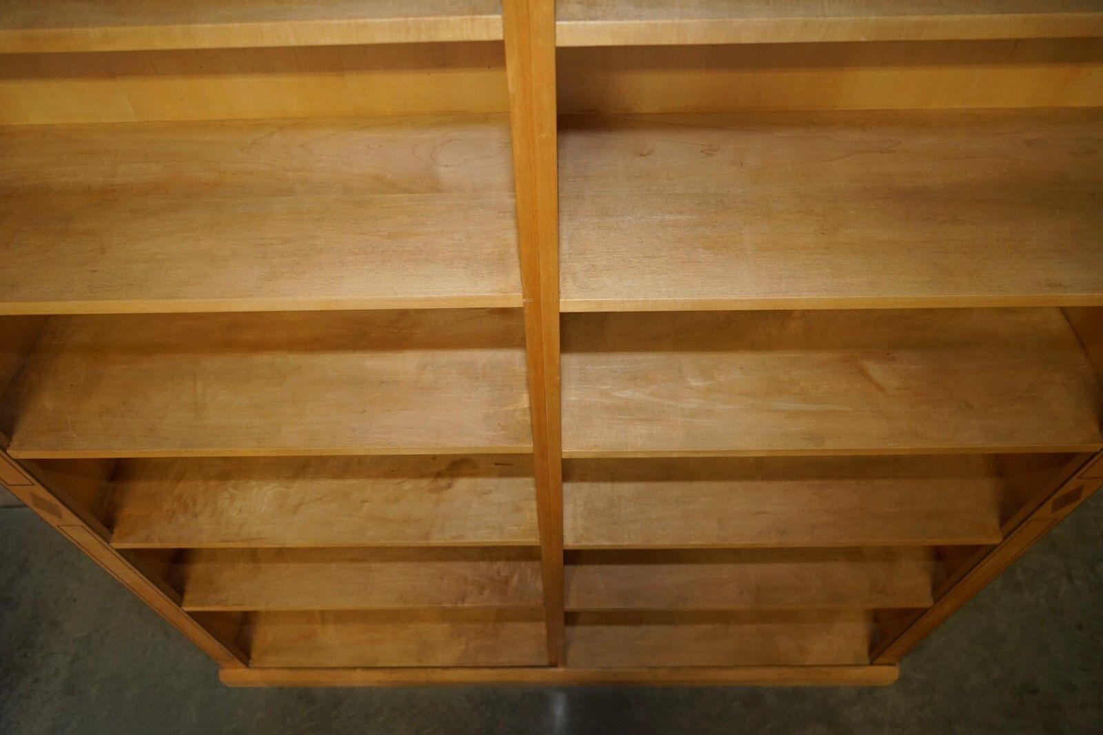 photo for sale Pair Of Huge 2.5 Meter Tall Satin Birch & Walnut Steeple Top Library Bookcases