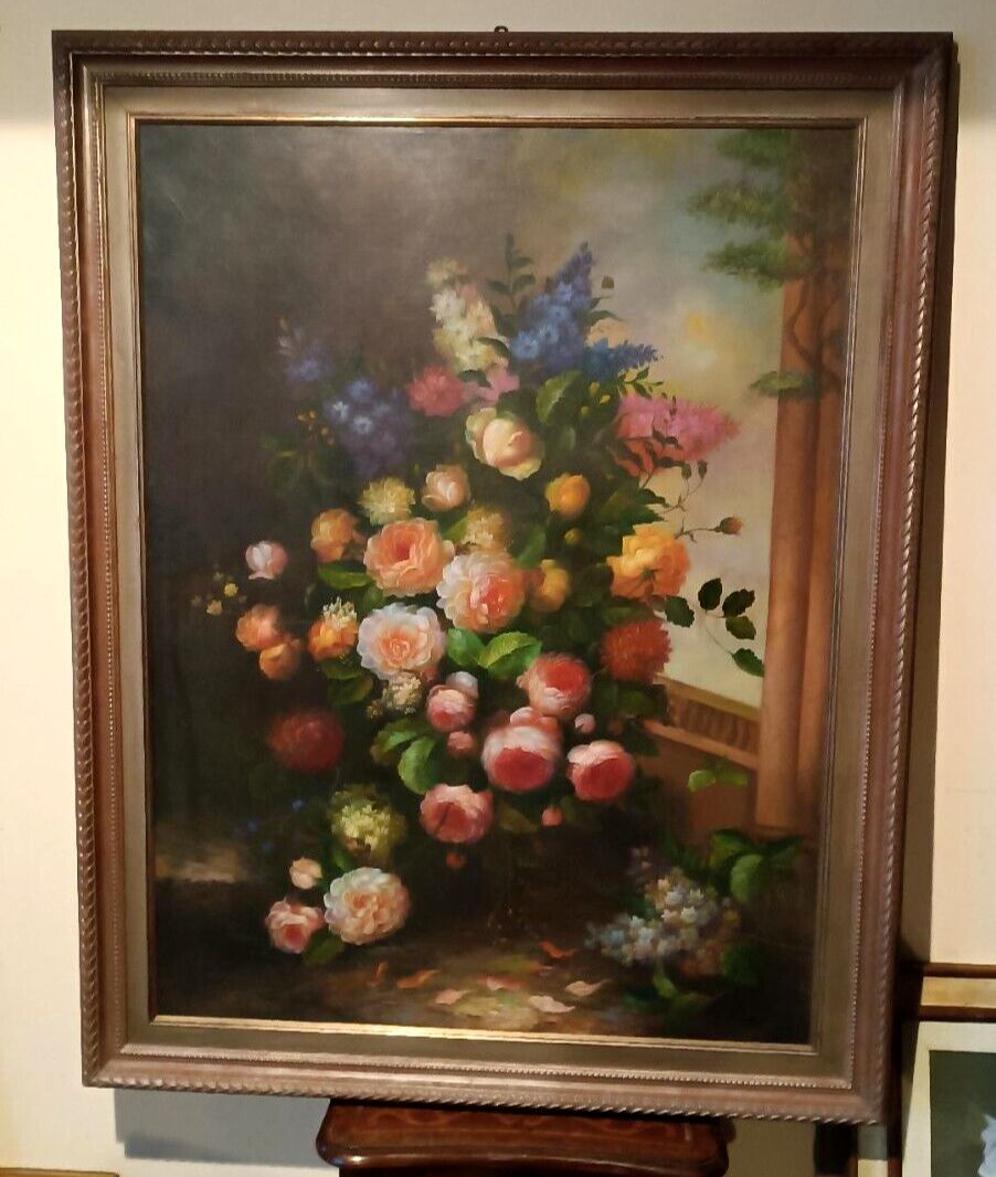 Large Painting Oil On Canvas Flower Vase Signed Archangel Monzio Compagnoni