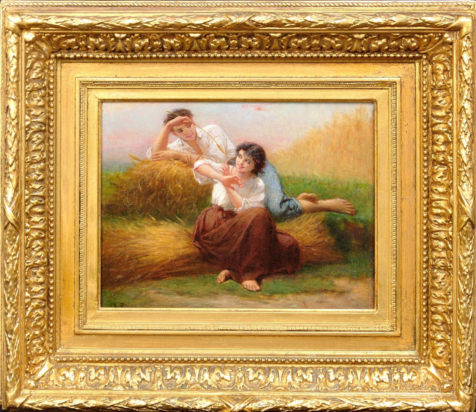 Charles Zacharie Landelle 1821 To 1908. I Ask You For A Caress And You Tickle Me. Framed 1860s Romantic French Oil Painting. Young Lovers In Summer.