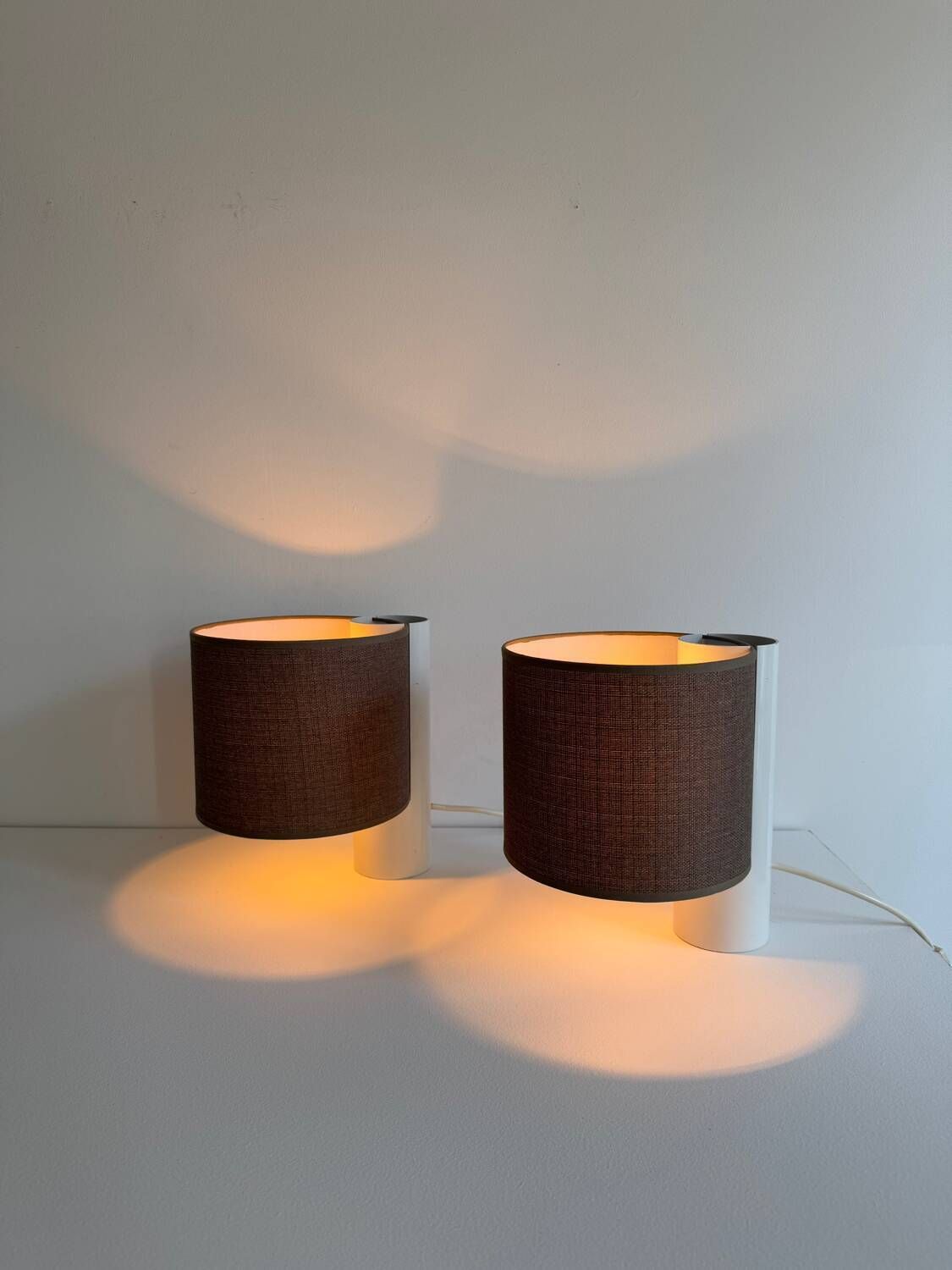 photo buy Pair Of Vintage Table Lamps, White And Brown, “Slim” By Gramigna For Quattrifolio, 1964 Italy