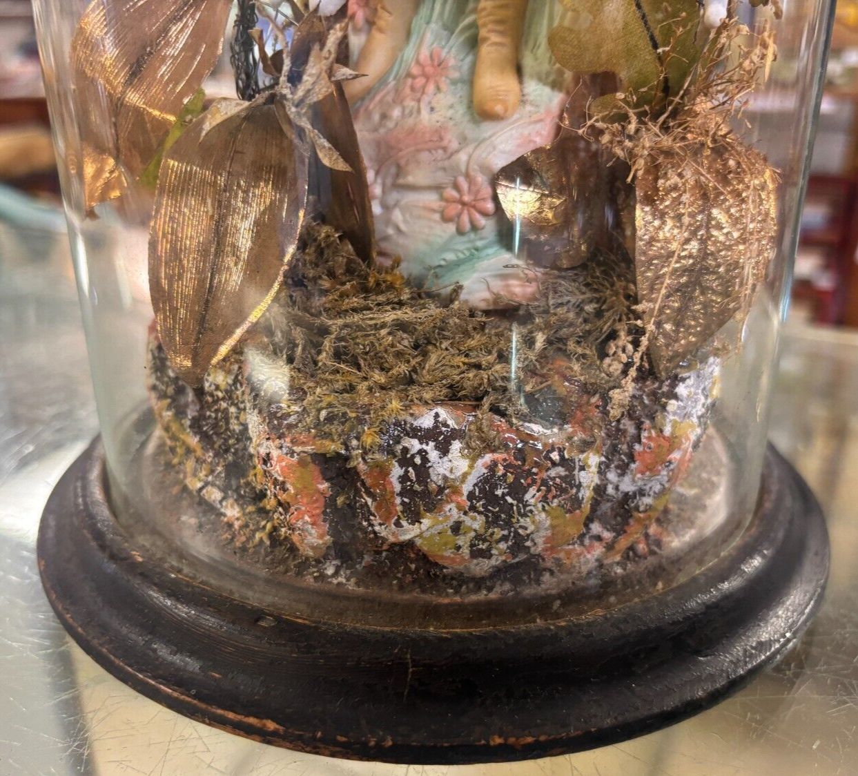 Antique Victorian Continental Floral Figurine In Glass Dome photo furniture