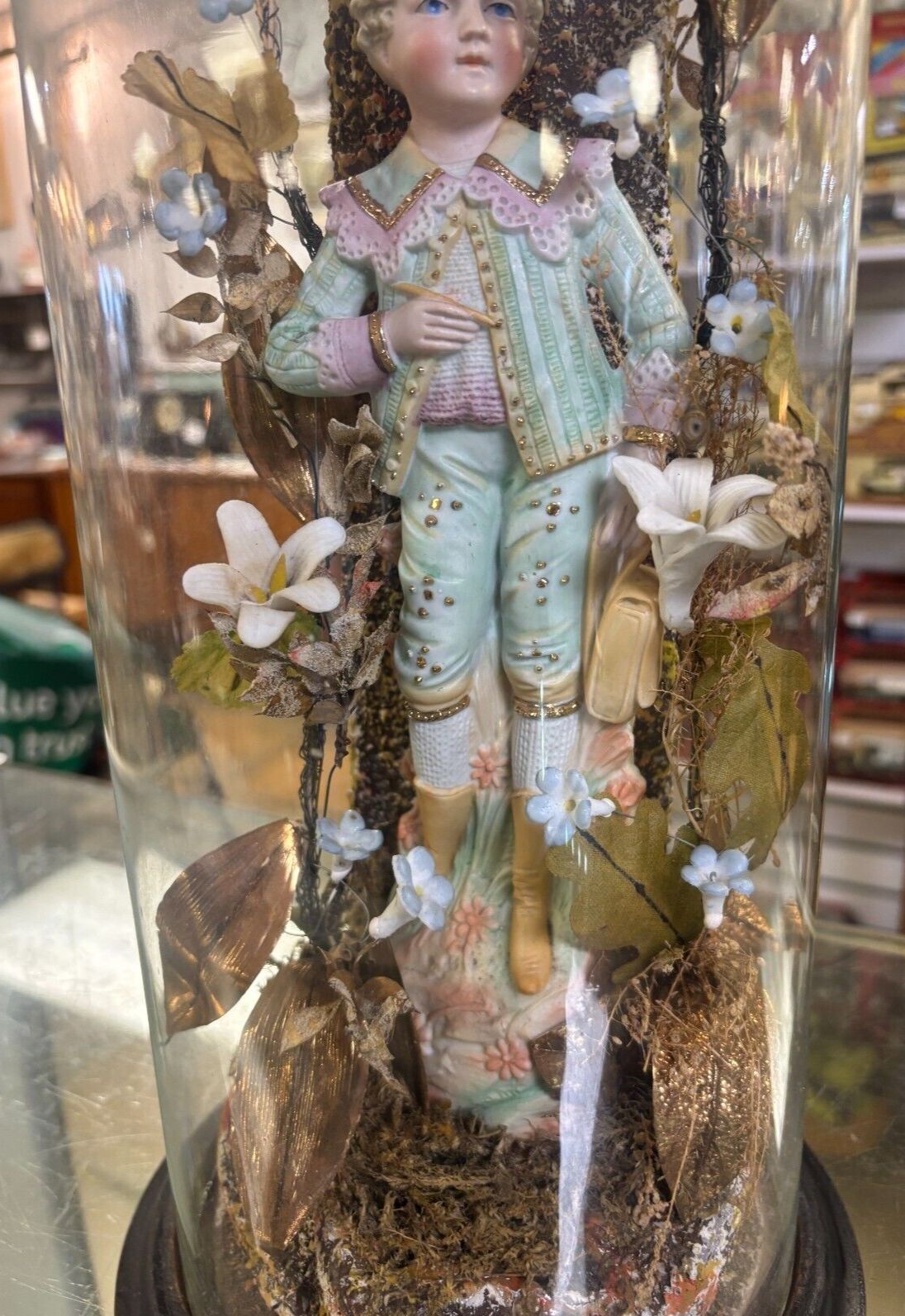 Antique Victorian Continental Floral Figurine In Glass Dome photo for sale