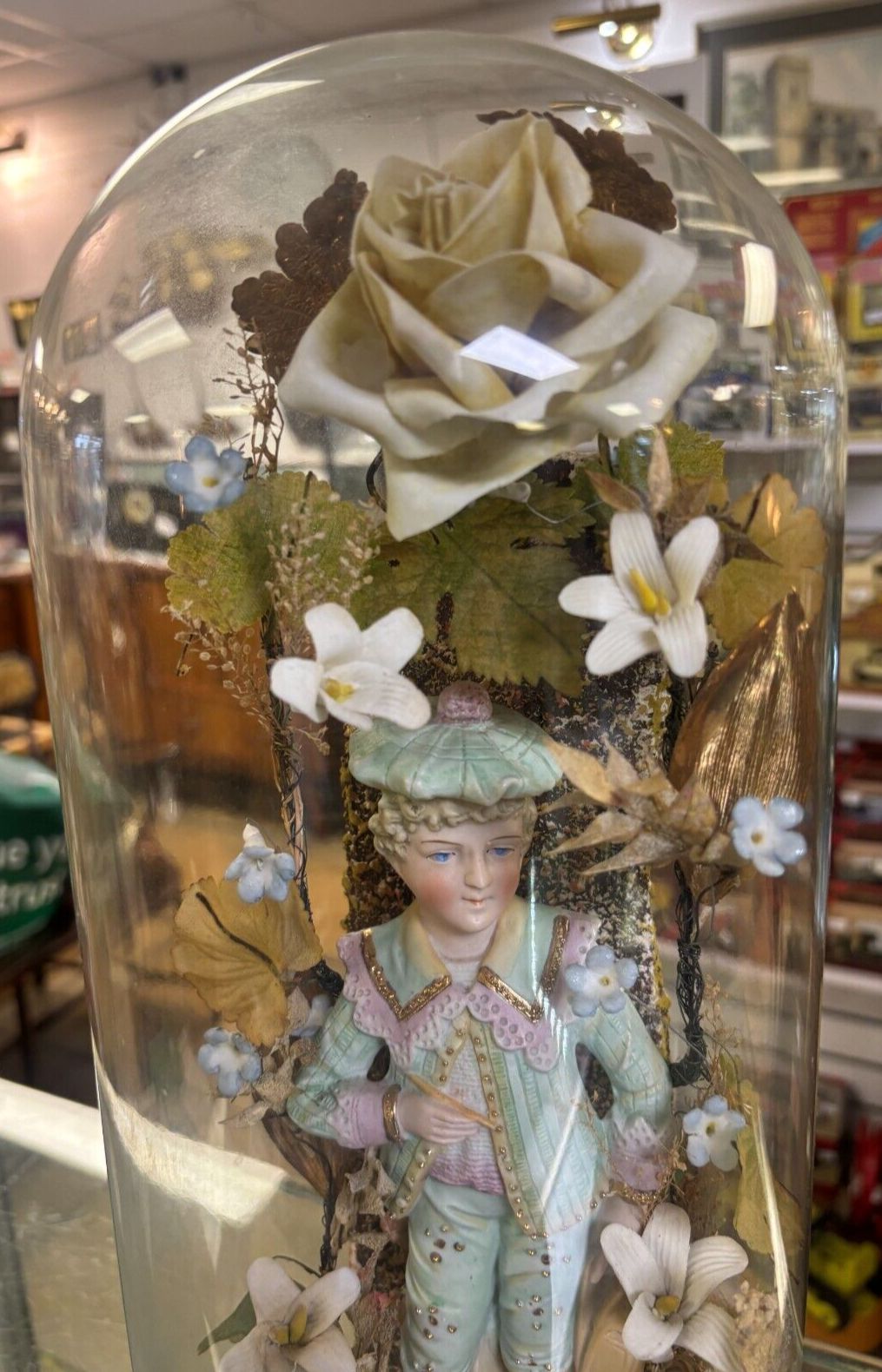 Antique Victorian Continental Floral Figurine In Glass Dome photo 97.0