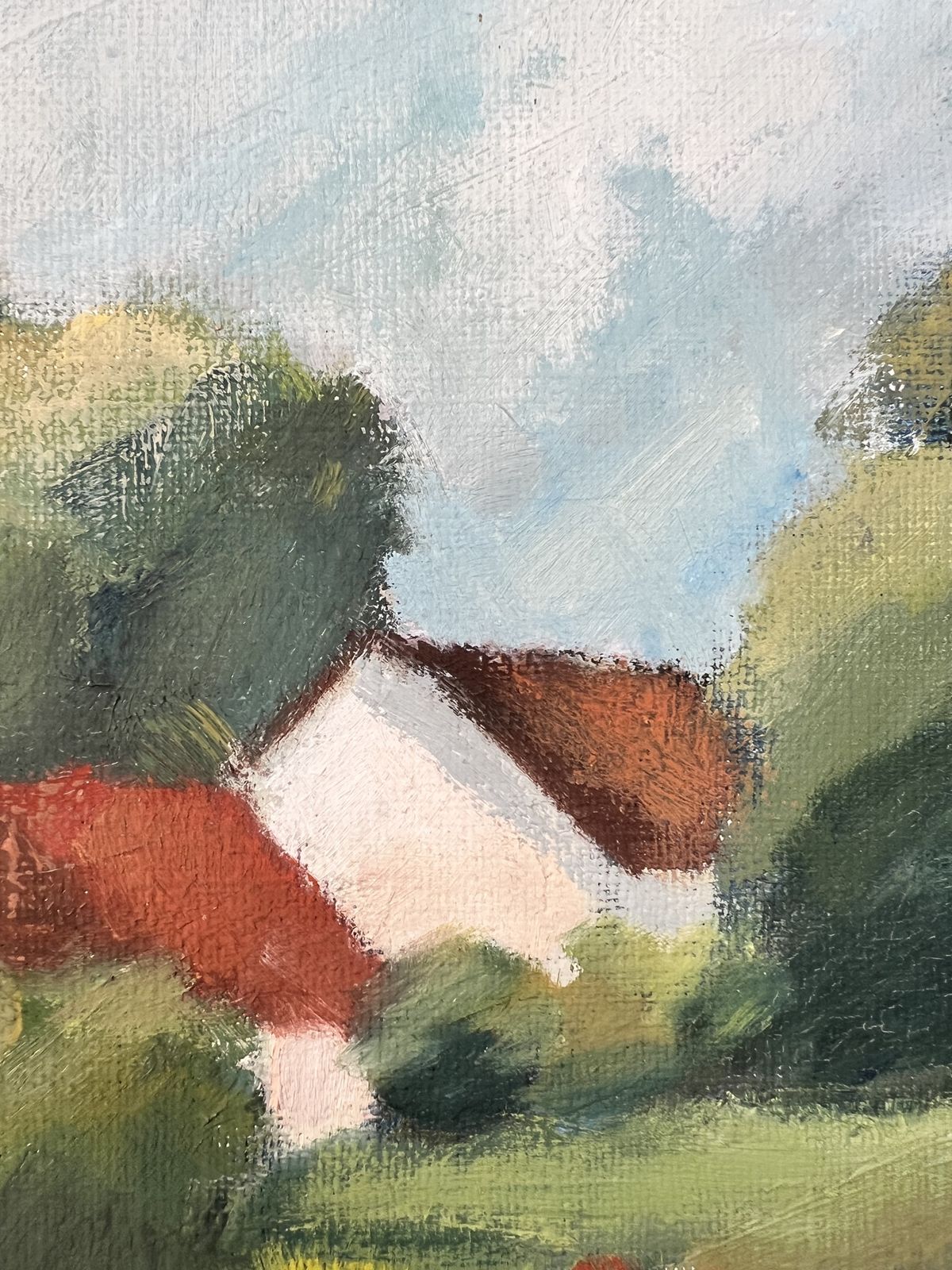 Landscape With Houses And Poppies, Oil On Canvas Landscape Painting photo vintage