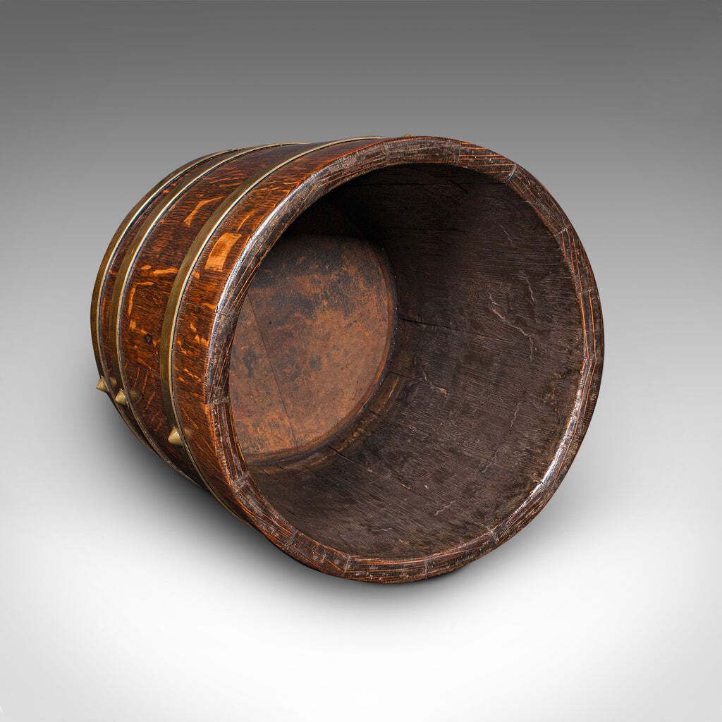 Antique Coopered Barrel Jardiniere Stand, English Oak, Brass, Planter, Edwardian photo vintage