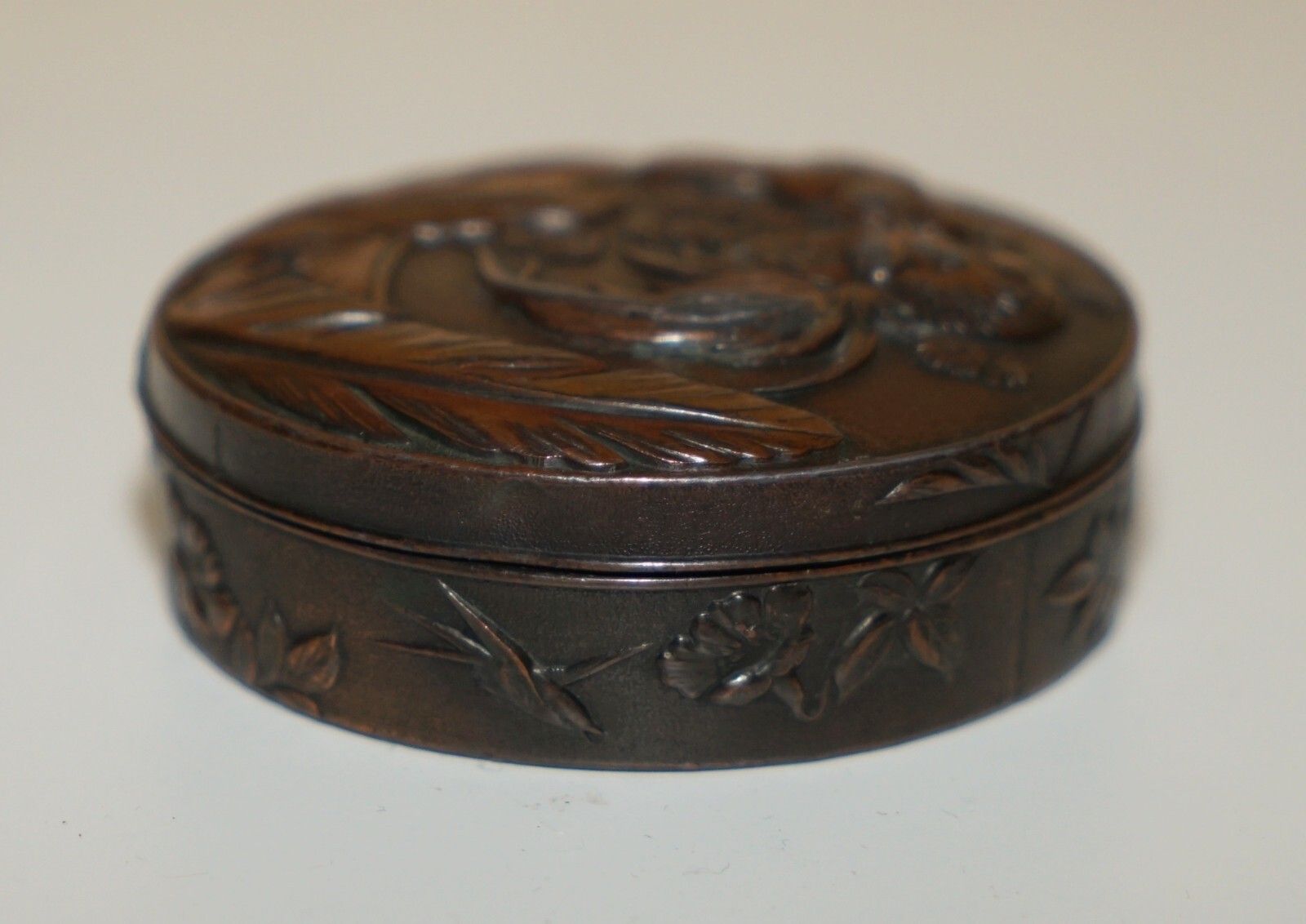 Small Antique Oriental Copper & Bronze Repousse Jewellery Box Depicting Chickens photo Home Decor