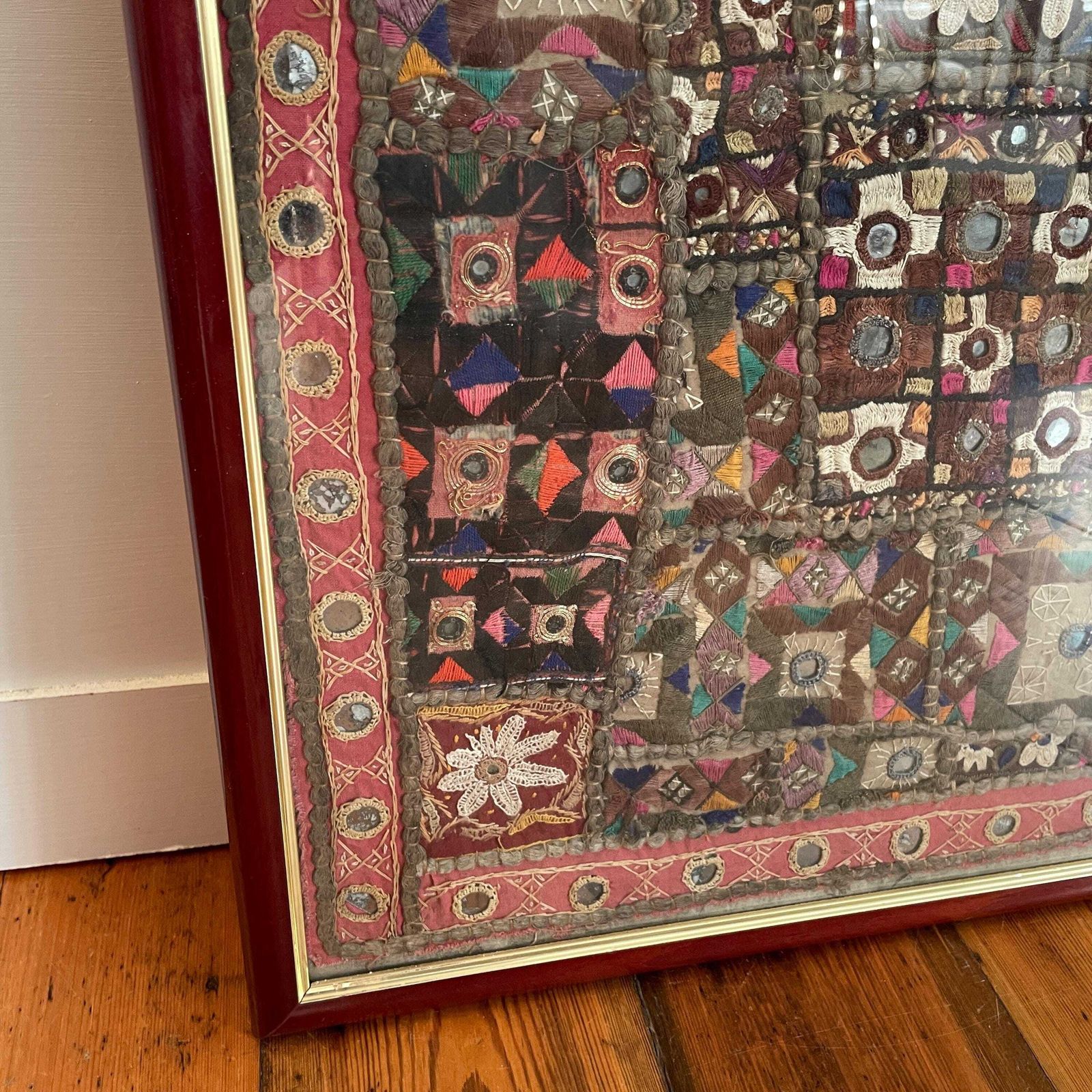 Antique Framed Indian Fabric Patch Fragment Hand Embroidered Picture Asian Art Vintage Textile Handmade 64x64cm Square Art Original Wall photo for sale