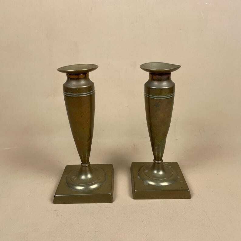 Antique Matching Pair Of Gold Brass Metal Candlestick Candle Stick Vintage Column Taper Dinner Candlesticks Square Base Column Pillar photo for sale