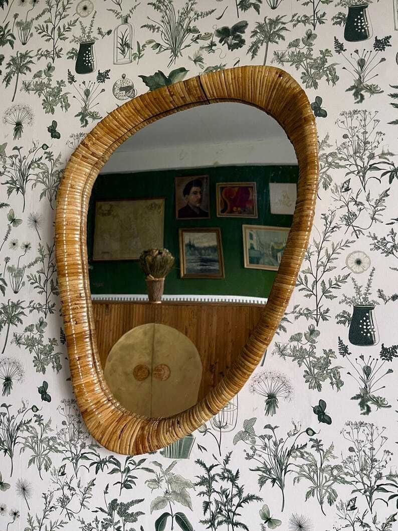 Irregular Shaped Rattan Cane Framed Wall Mirror, Midcentury Modern, Bathroom, Bedroom, Hallway Mirror photo furniture
