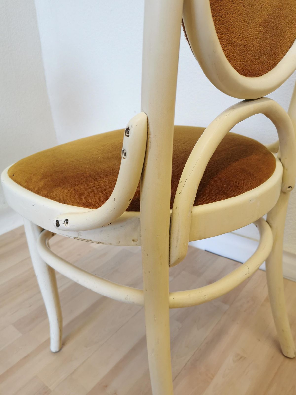 Vintage High Backrest Dine Chair / Thonet White Wooden Bentwood Dining Chair With Yellow Fabric / 1970s Yugoslavia / Mid Century Dining Room photo buy