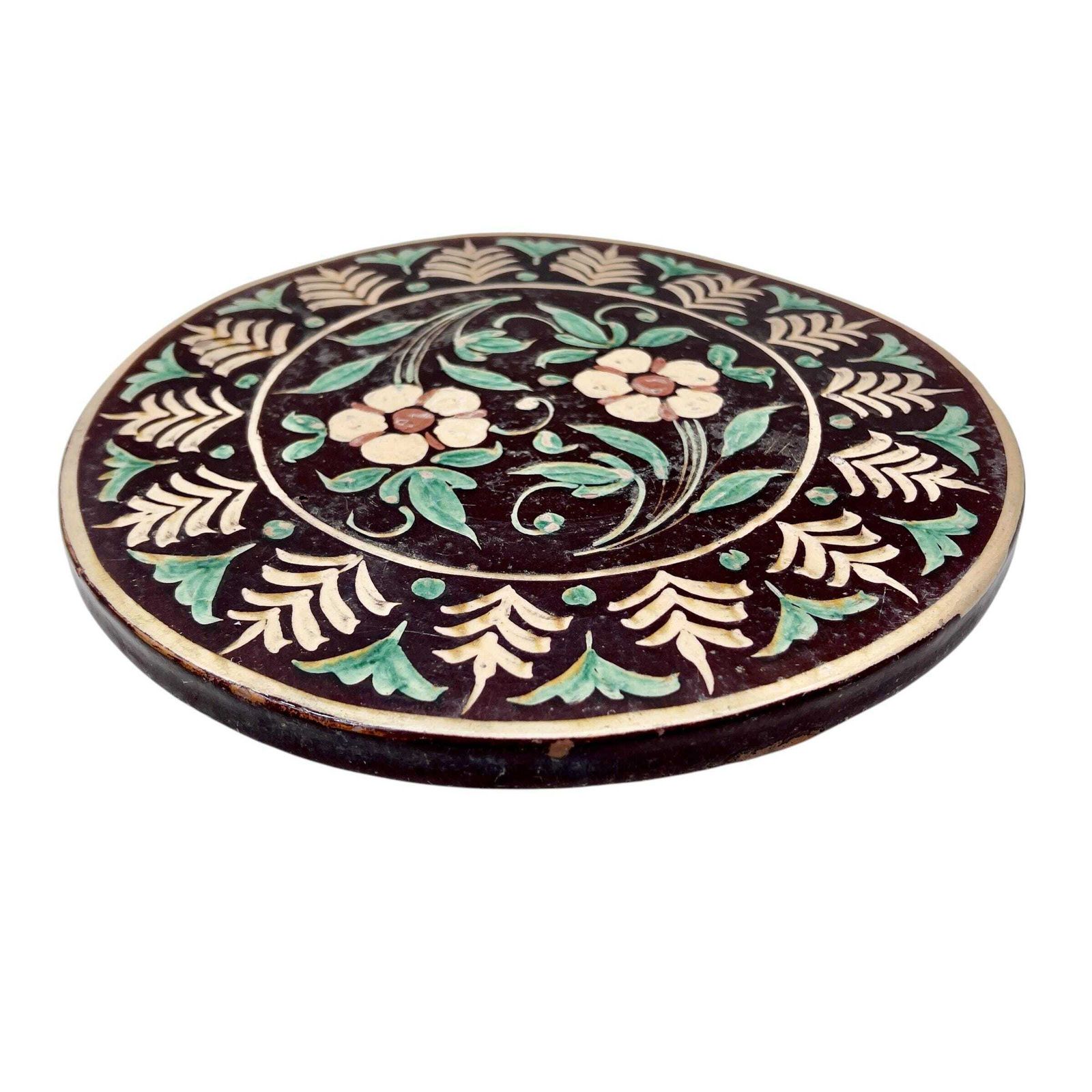 Antique Floral Slip Glaze Terracotta Tazza   Terracotta Pedestal   Cake Stand   Dining Room Decor   Kitchenalia
