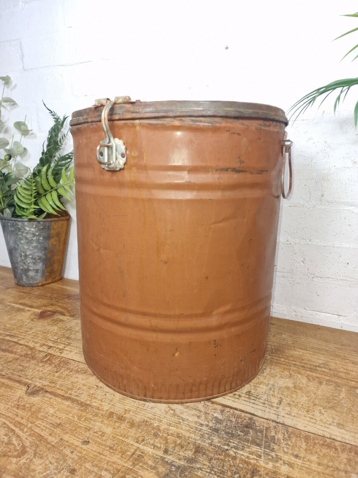 Vintage Indian Industrial Galvanised Metal Rice Grain Storage Drum Bin Cannister photo furniture