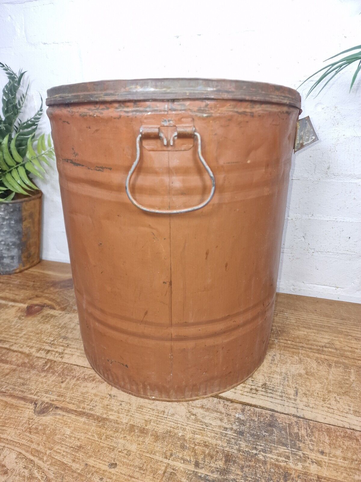 Vintage Indian Industrial Galvanised Metal Rice Grain Storage Drum Bin Cannister photo vinterior