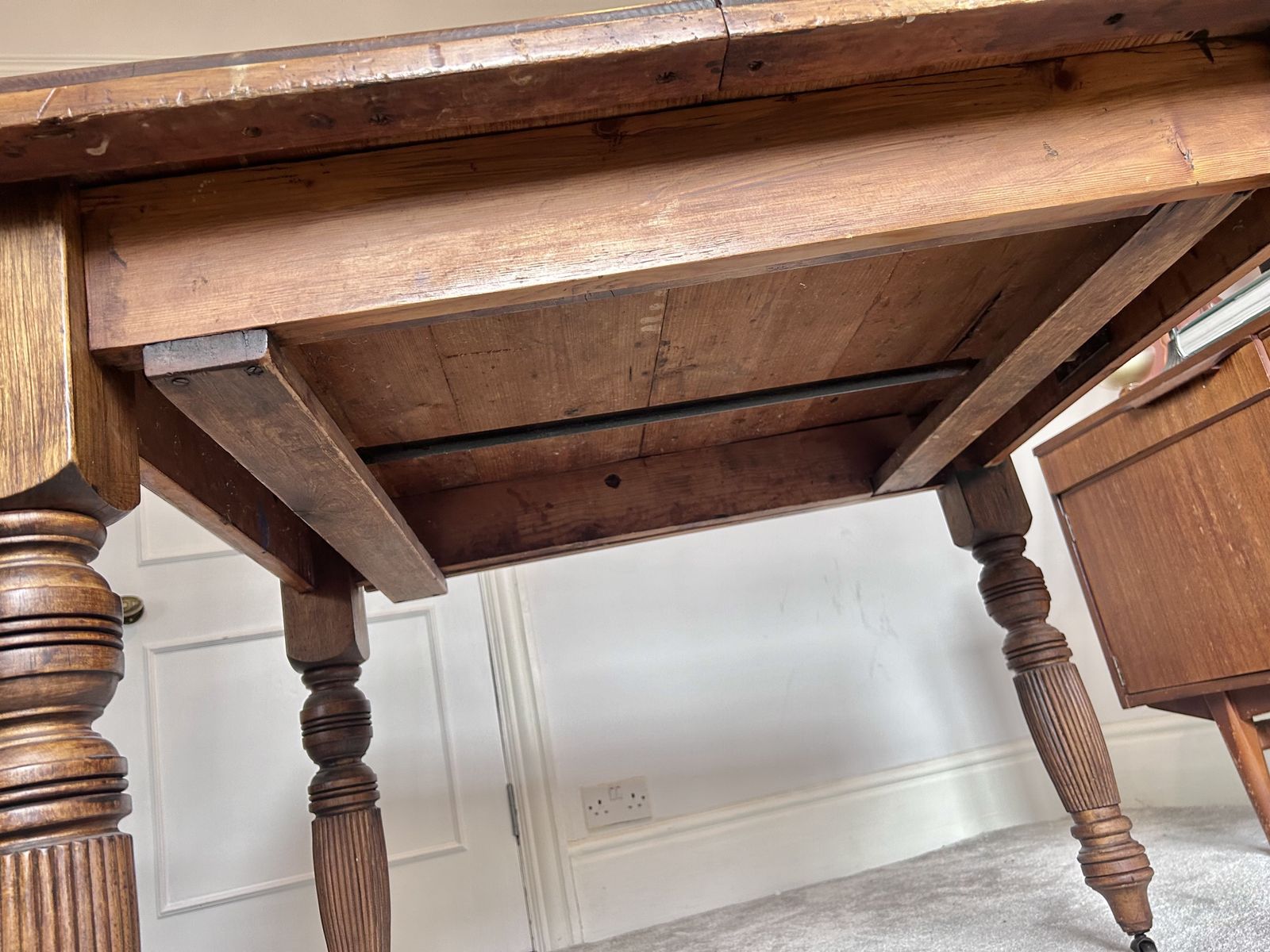 Victorian Farmhouse Table. Dark Stained Carved Wood. Original Castor Wheels photo buy
