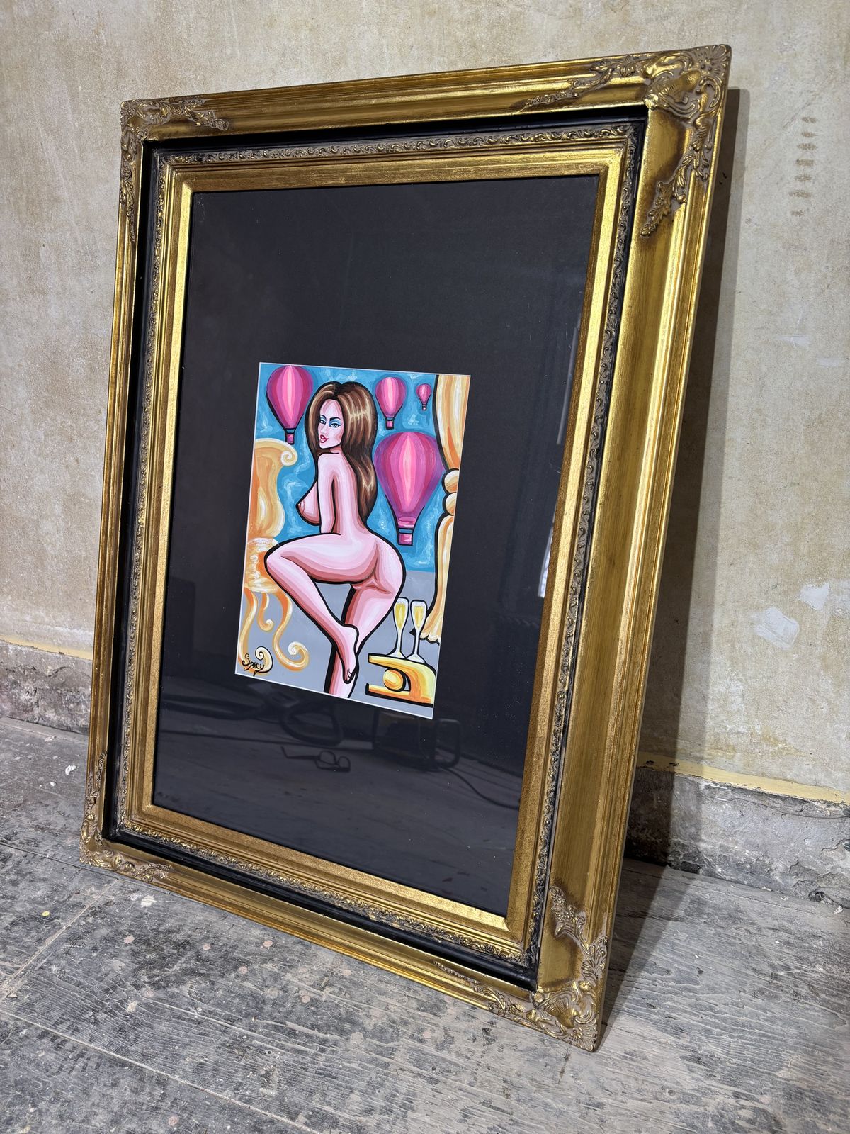 Original Erotic Pop Art Painting By Spacy Eva In Vintage Frame photo buy
