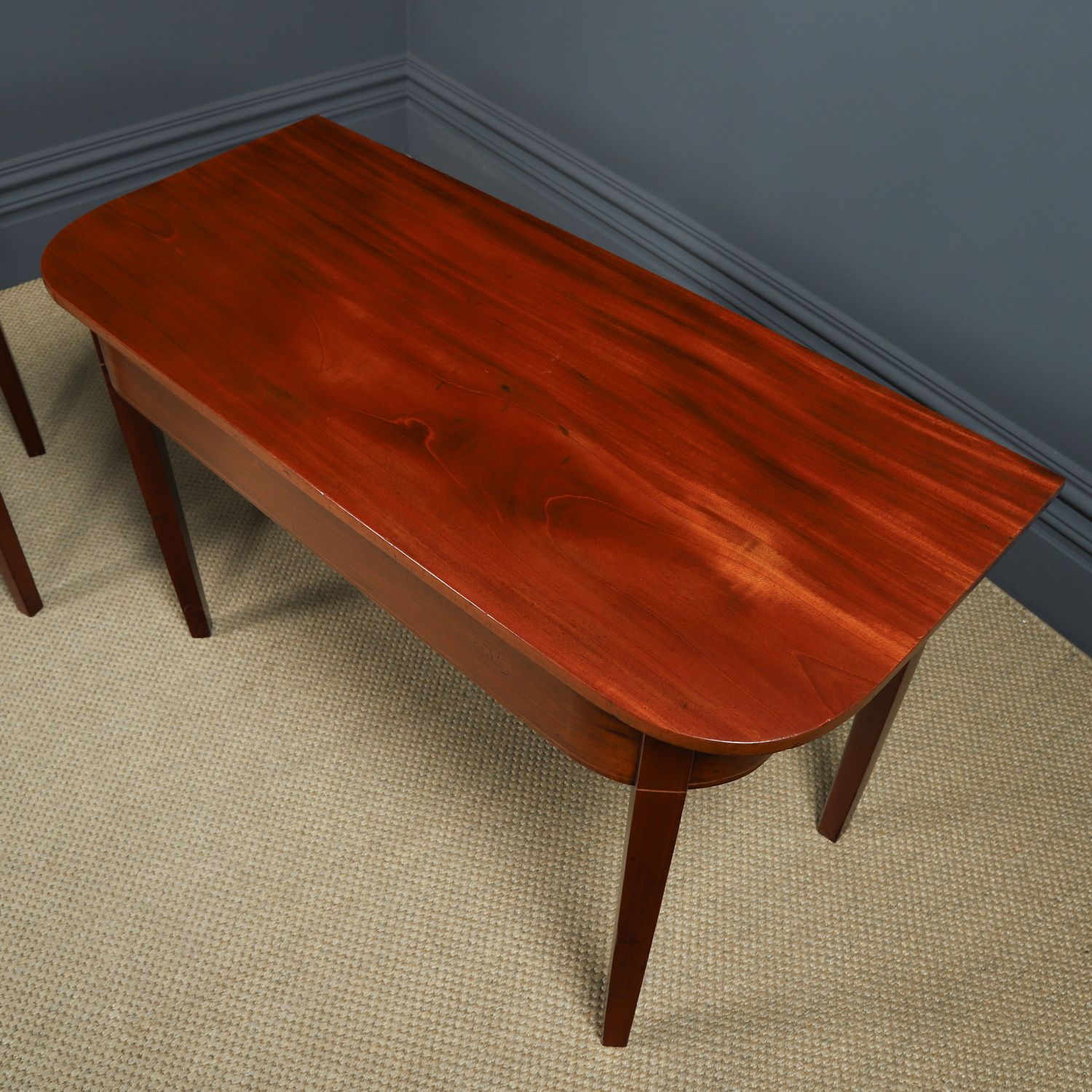 photo for sale English Pair Of Georgian Mahogany Console Side Hall Occasional D Shaped End Tables (Circa 1800)
