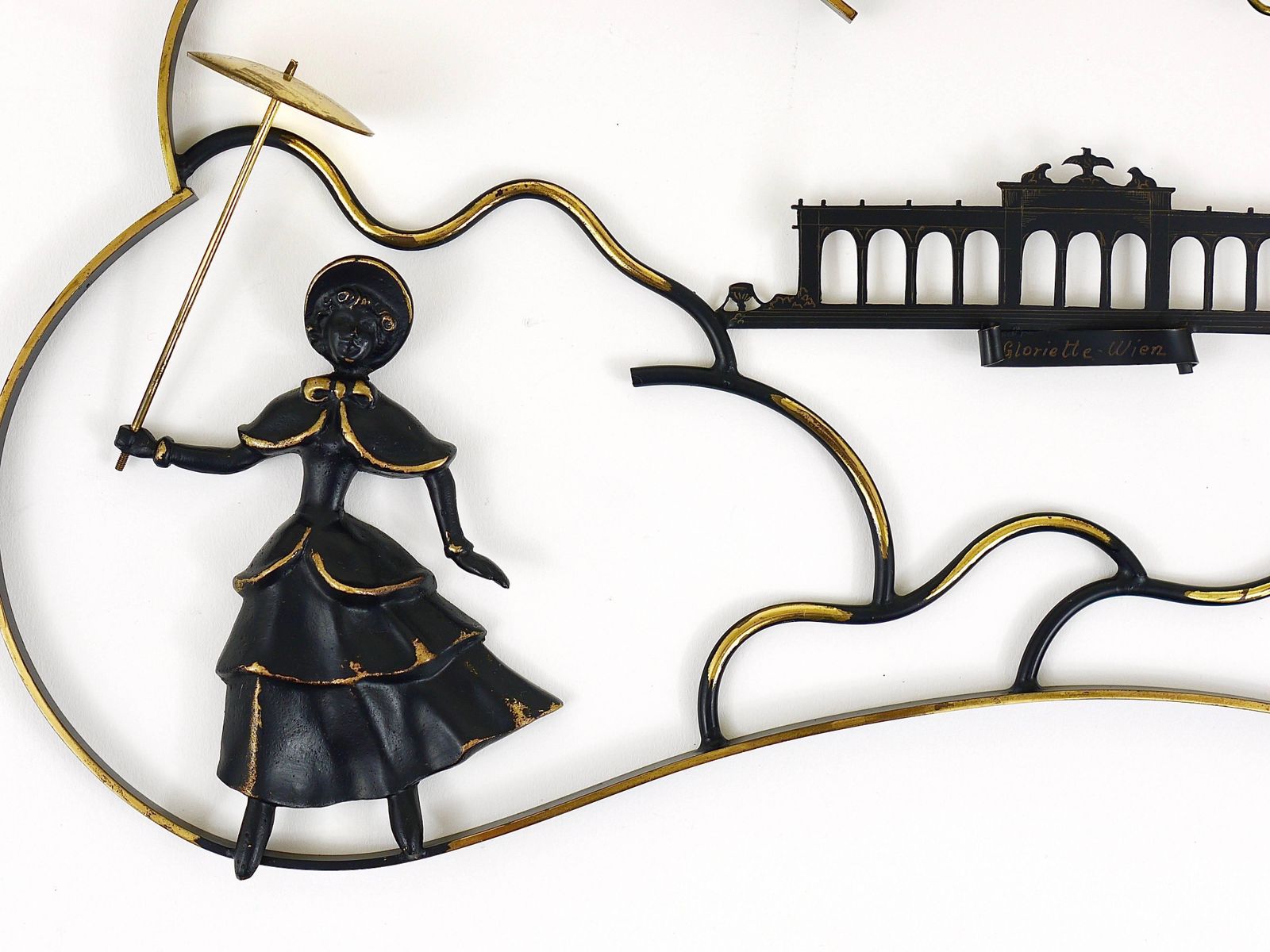 photo furniture Walter Bosse Woman In Biedermeier Dress Brass Wall Sculpture, Austria, 1950s