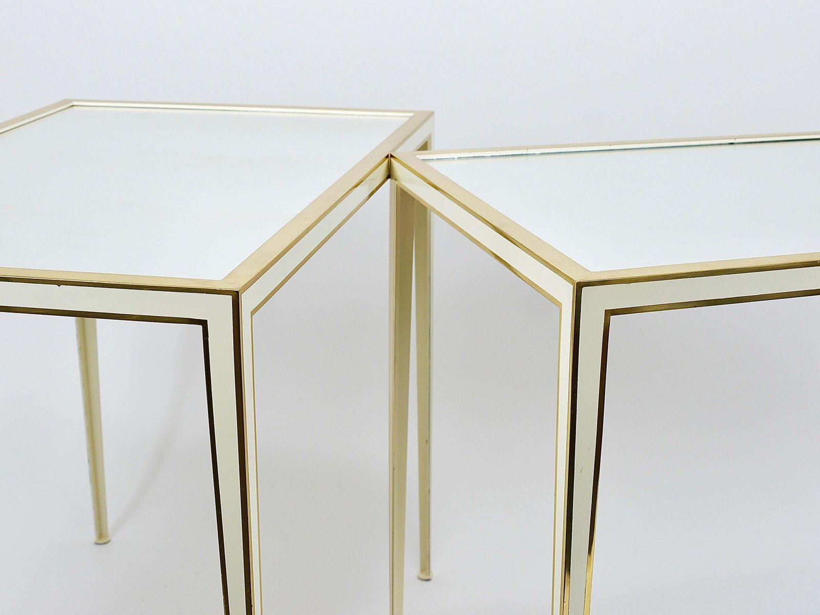 A Pair Of Vereinigte Werkstätten Brass & White Mirror Tables, Germany, 1970s photo vinterior