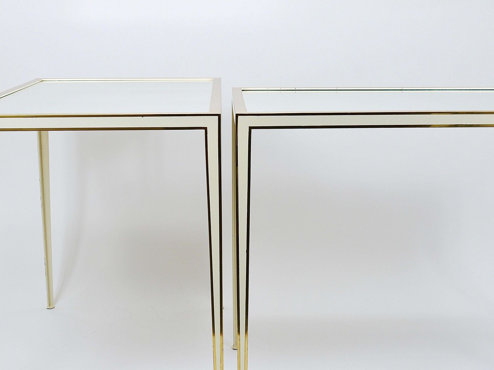 photo buy A Pair Of Vereinigte Werkstätten Brass & White Mirror Tables, Germany, 1970s