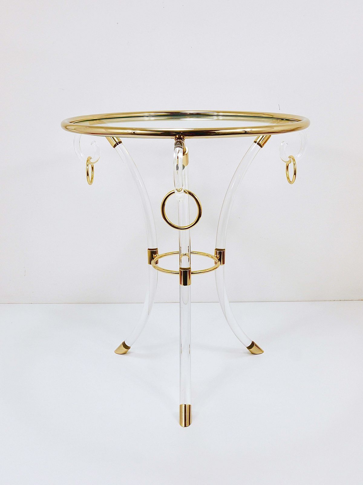 Maison Jansen Style Lucite & Gilt Metal Tripod Coffee Table Pedestal Gueridon photo vinterior