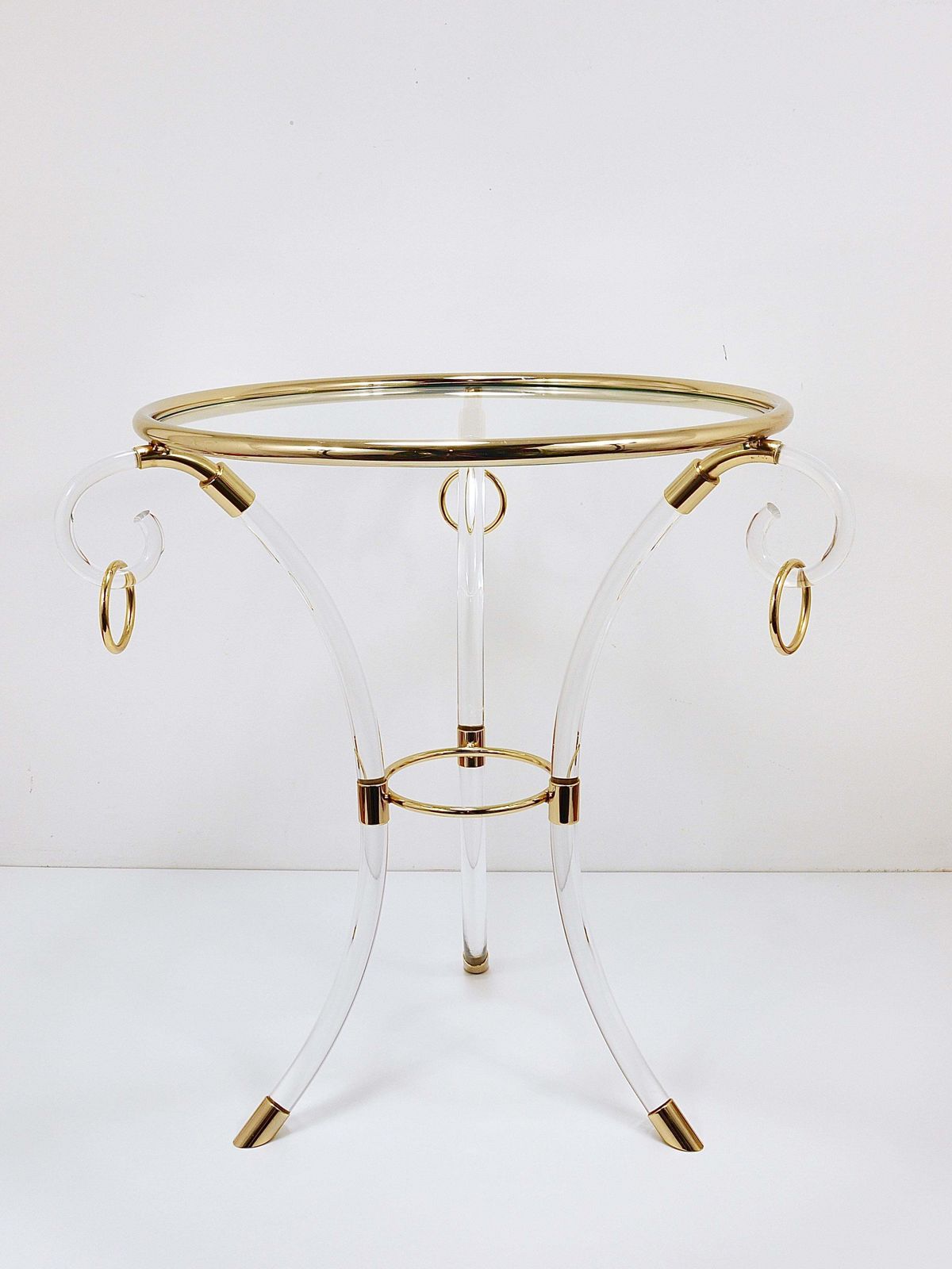 photo for sale Maison Jansen Style Lucite & Gilt Metal Tripod Coffee Table Pedestal Gueridon