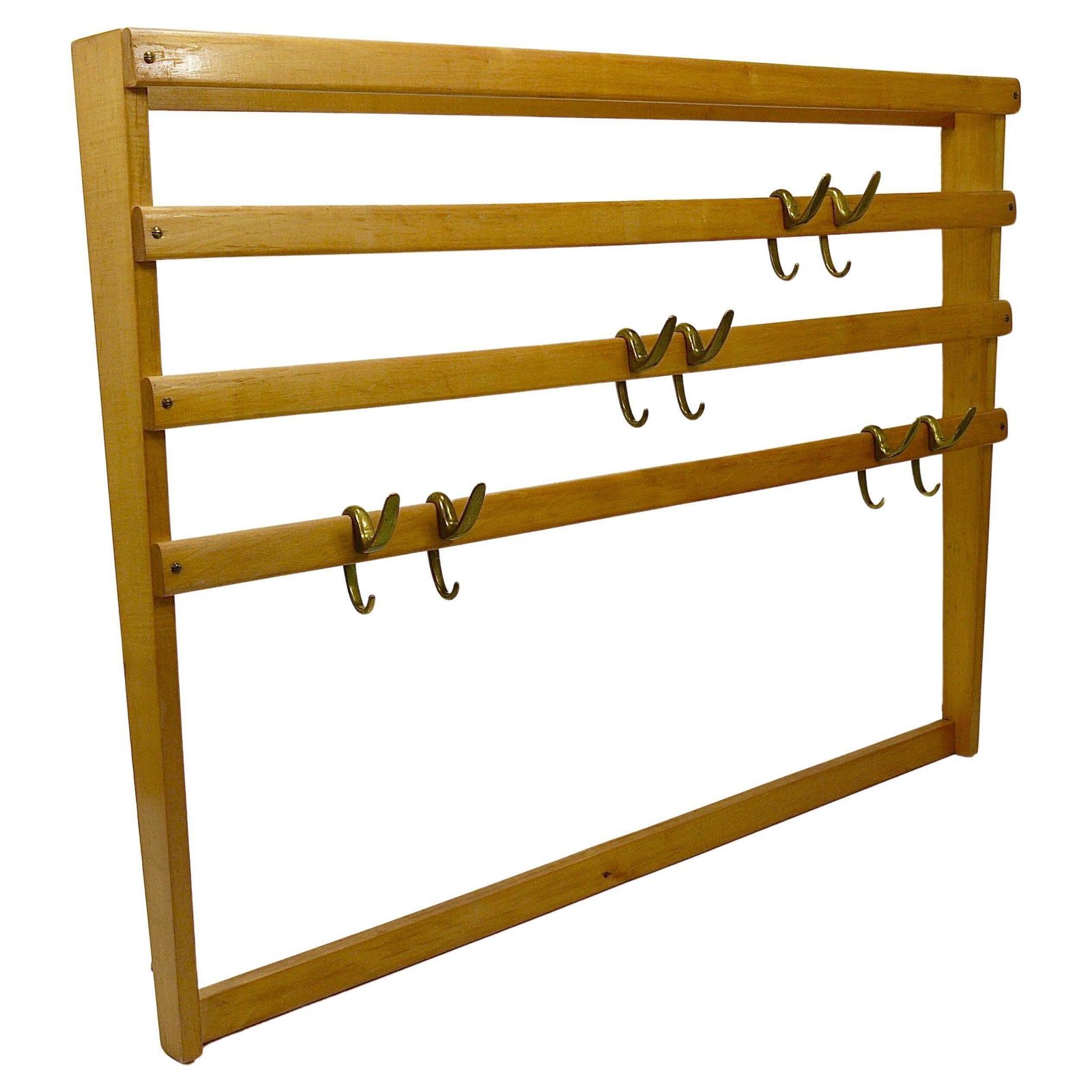 Large Carl Auböck Mid Century Coat Rack Beech Wardrobe With 8 Brass Hooks, 1950s