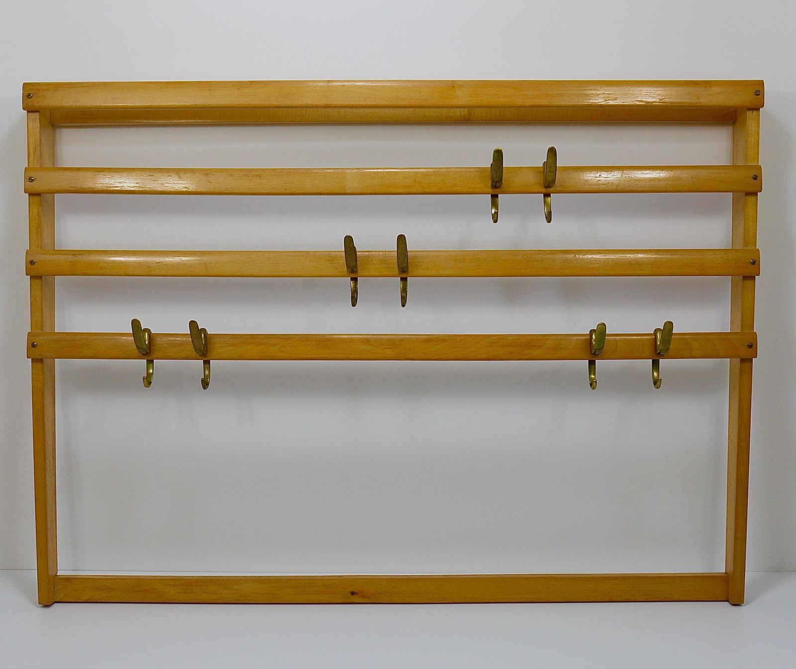 Large Carl Auböck Mid Century Coat Rack Beech Wardrobe With 8 Brass Hooks, 1950s photo furniture