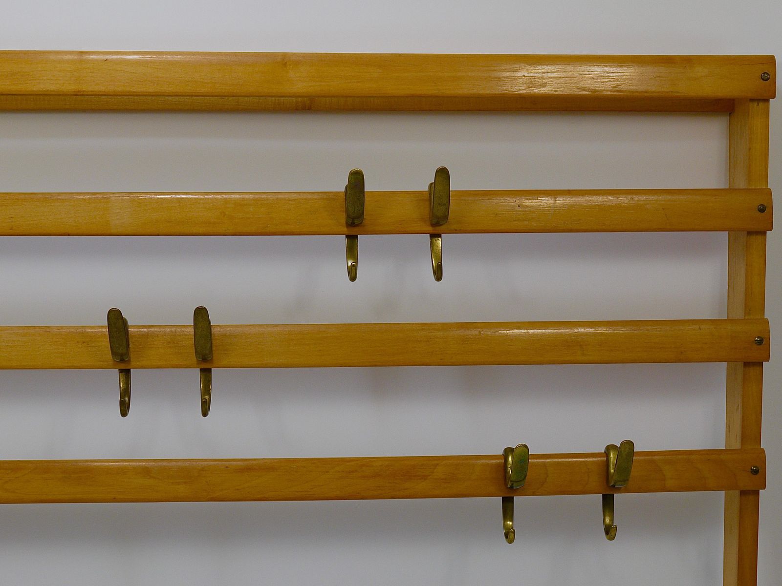 Large Carl Auböck Mid Century Coat Rack Beech Wardrobe With 8 Brass Hooks, 1950s photo buy