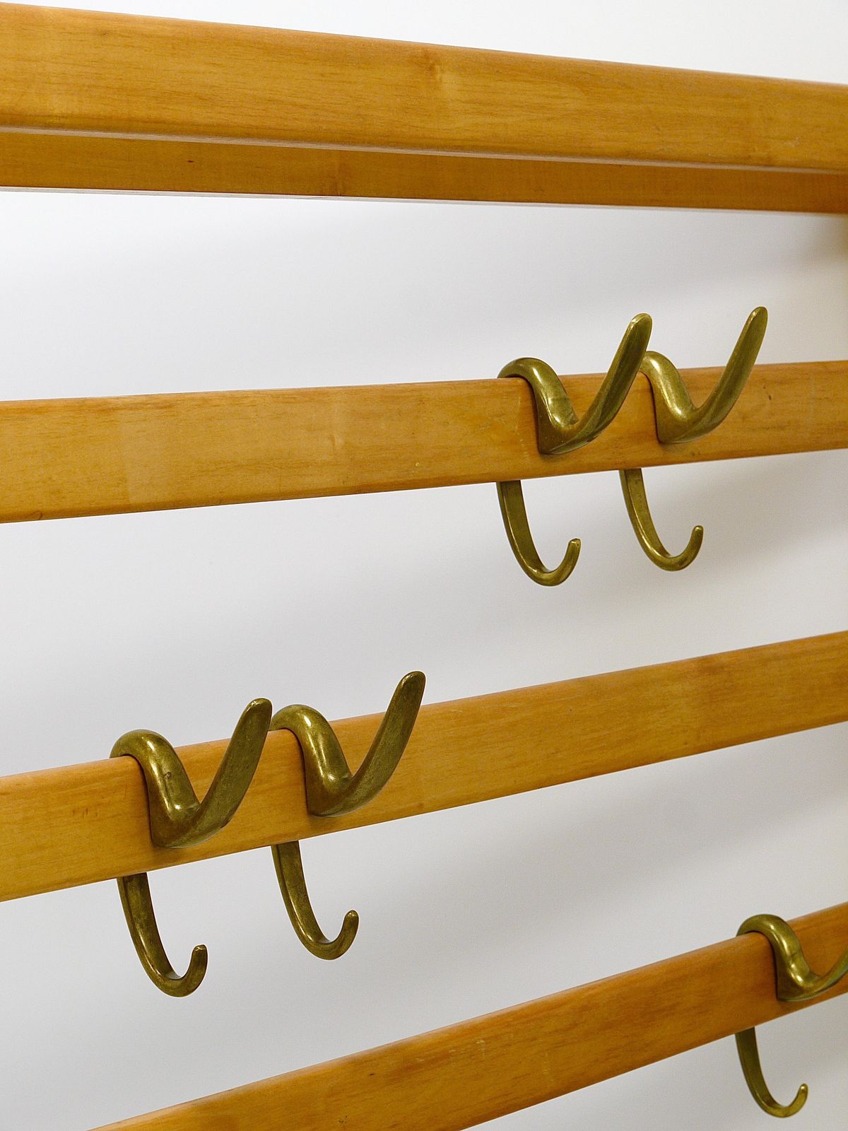 Large Carl Auböck Mid Century Coat Rack Beech Wardrobe With 8 Brass Hooks, 1950s photo vintage