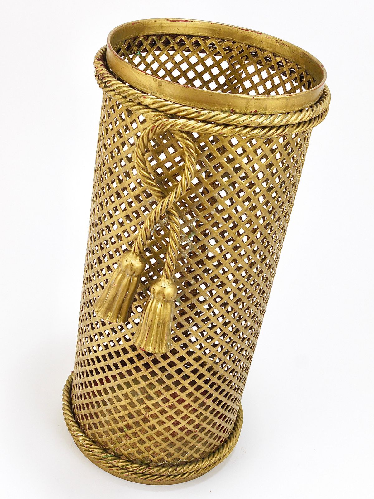 Hollywood Regency Gilt Metal Rope & Tassel Umbrella Stand, Li Puma Firenze, 1950 photo vinterior