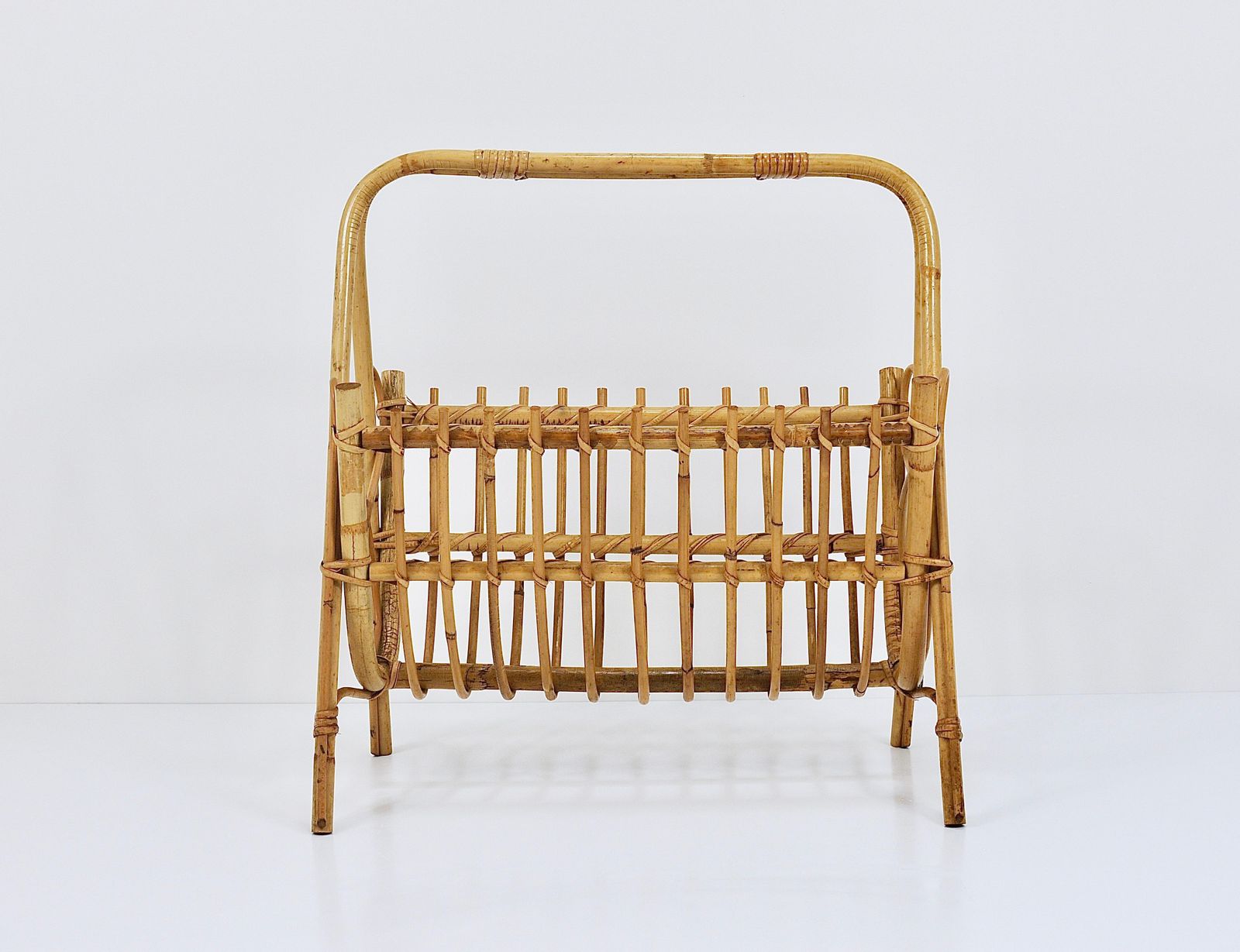 Franco Albini Style Rattan Bamboo Magazine Rack Newspaper Stand, France, 1950s photo 605.0