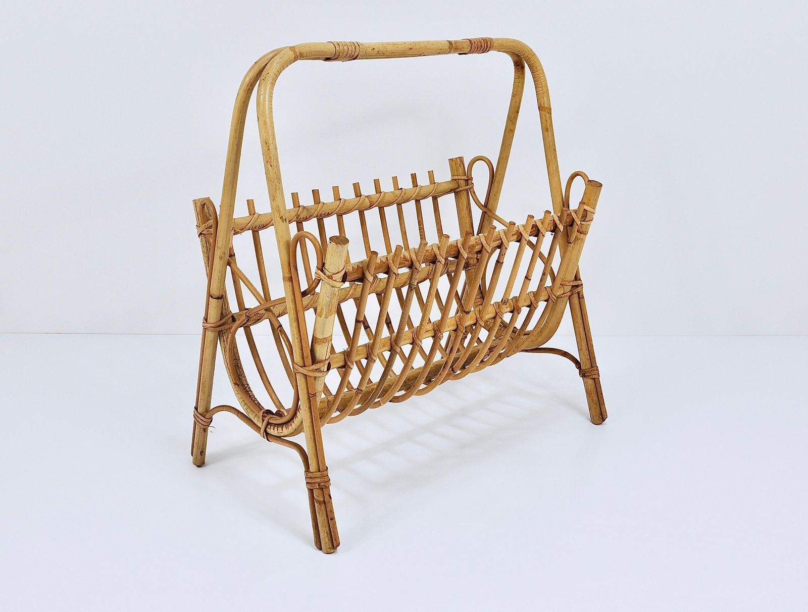 photo for sale Franco Albini Style Rattan Bamboo Magazine Rack Newspaper Stand, France, 1950s