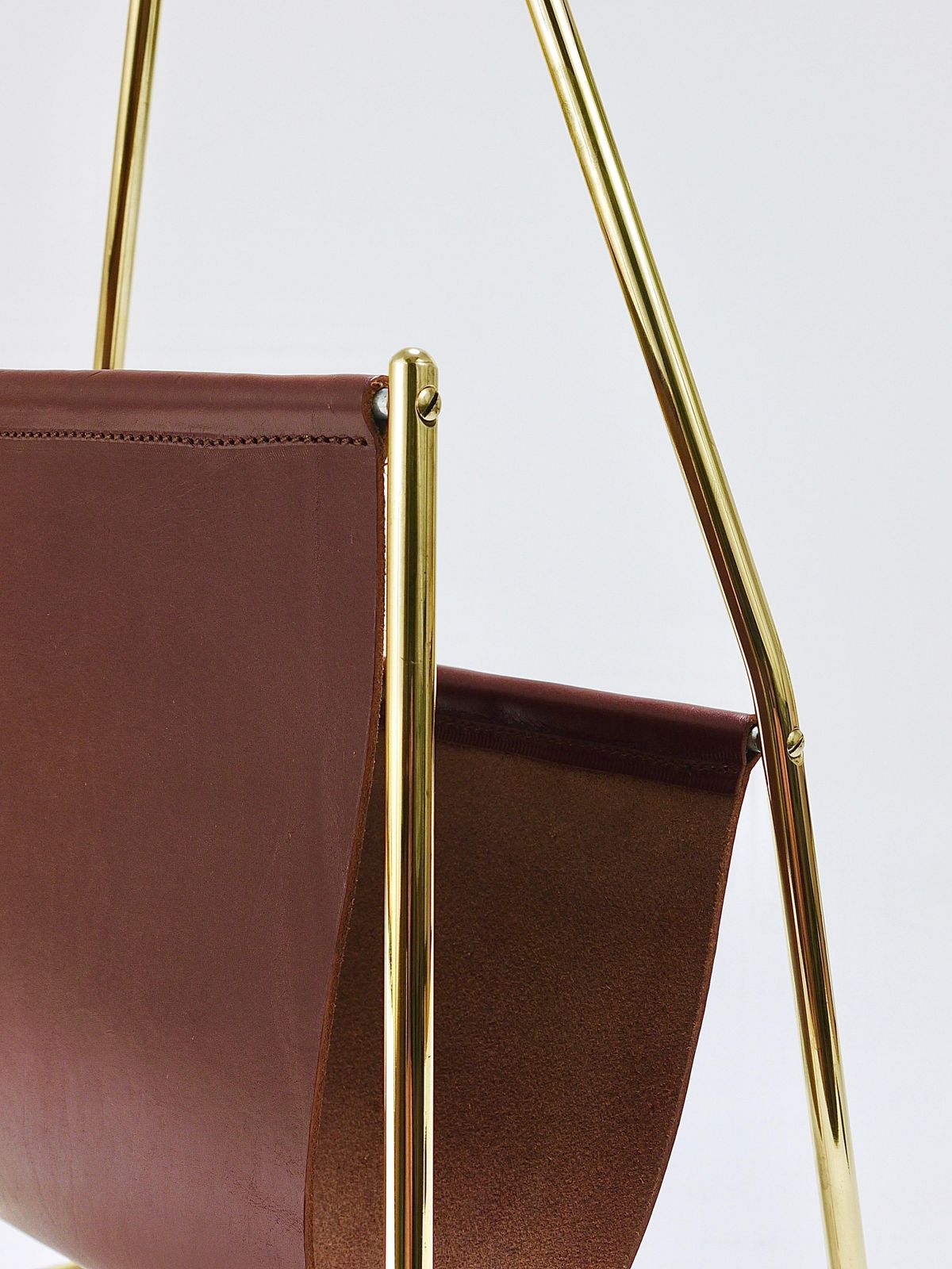 Home Decor Carl Auböck II Midcentury Magazine Rack, Brass & Brown Leather, Vintage, Austria photo