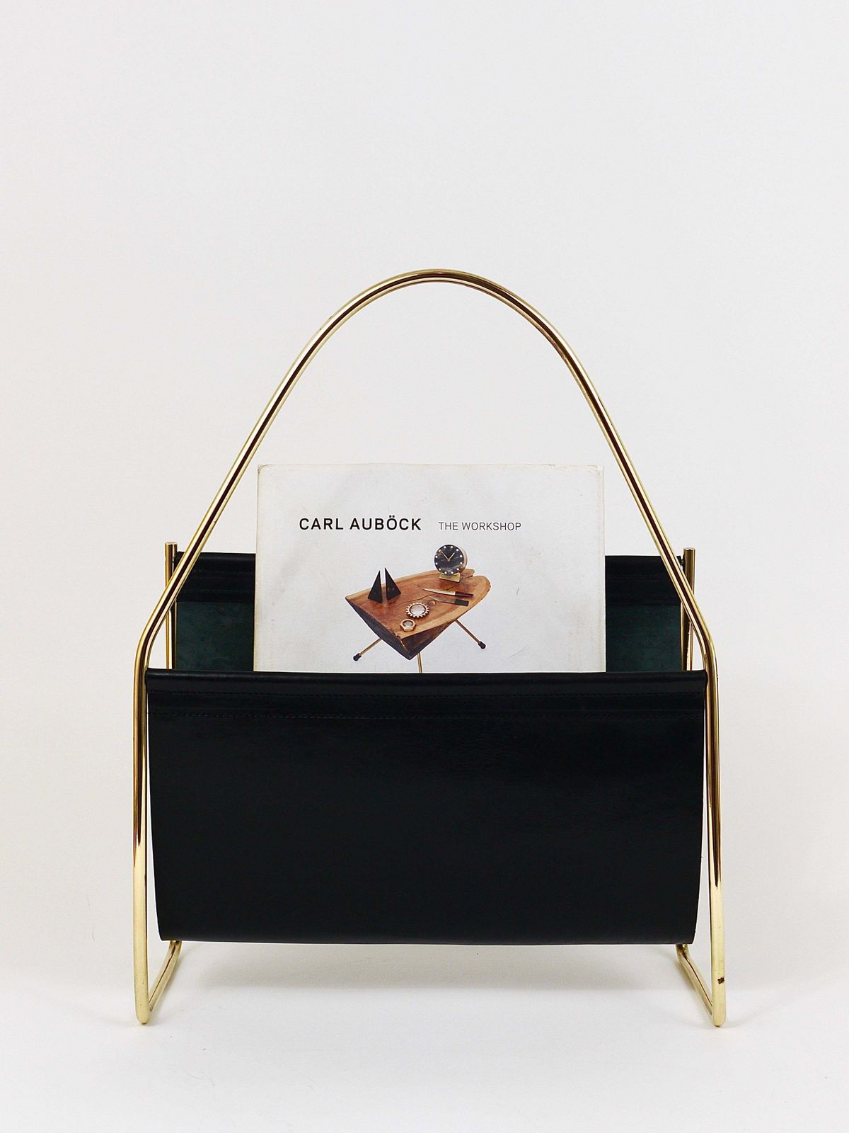 Austrian Modernist Midcentury Magazine Rack, Brass And Black Leather photo furniture
