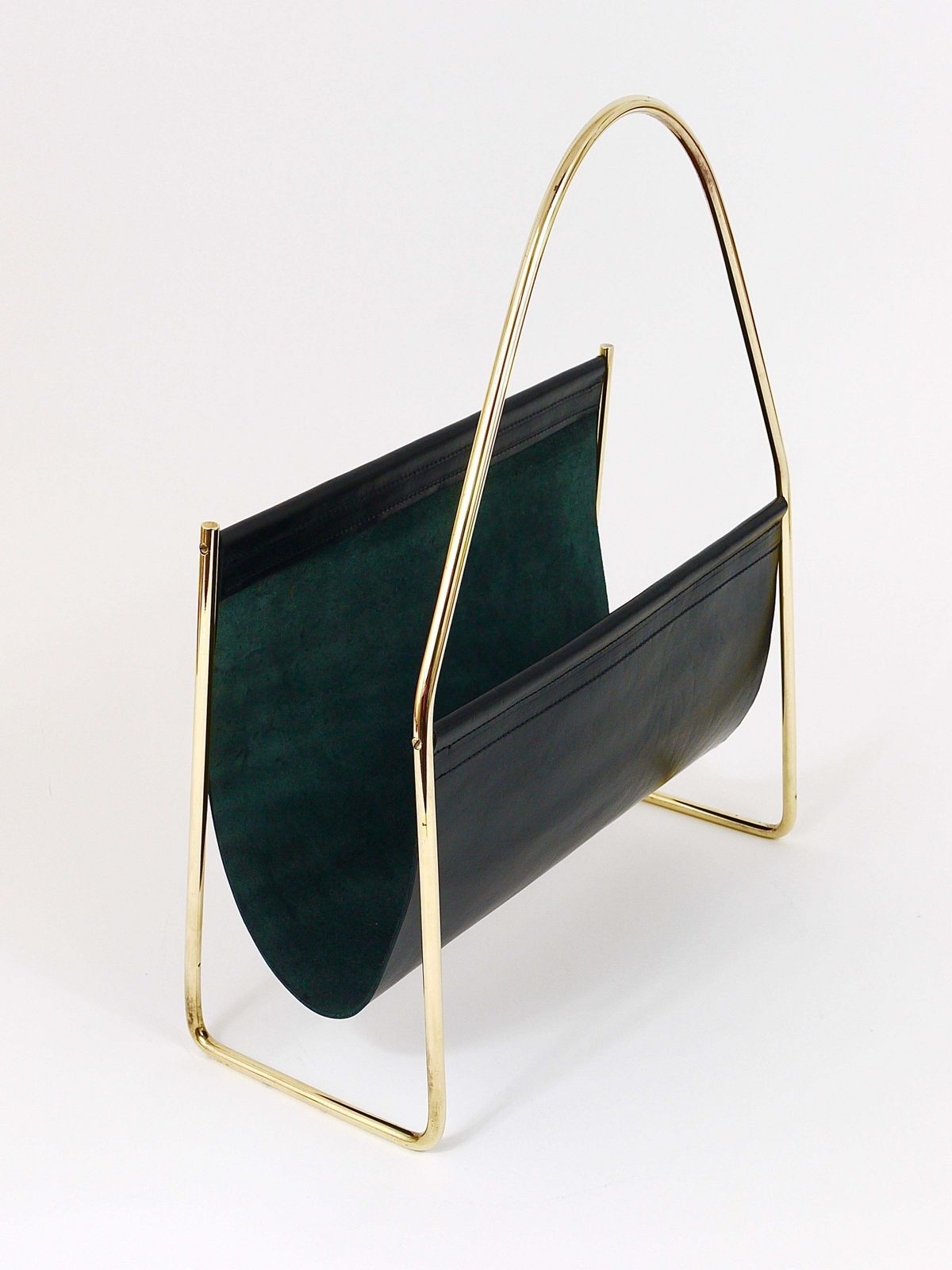 photo for sale Austrian Modernist Midcentury Magazine Rack, Brass And Black Leather