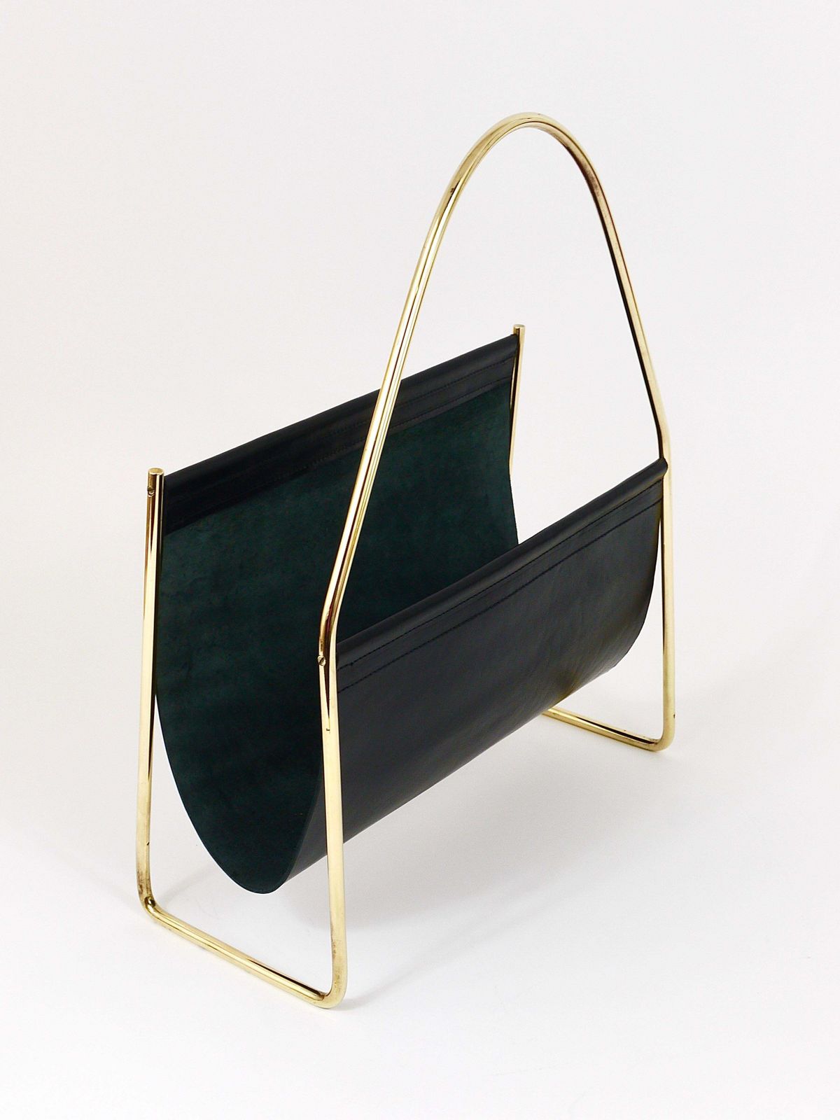 1773.0 Austrian Modernist Midcentury Magazine Rack, Brass And Black Leather photo