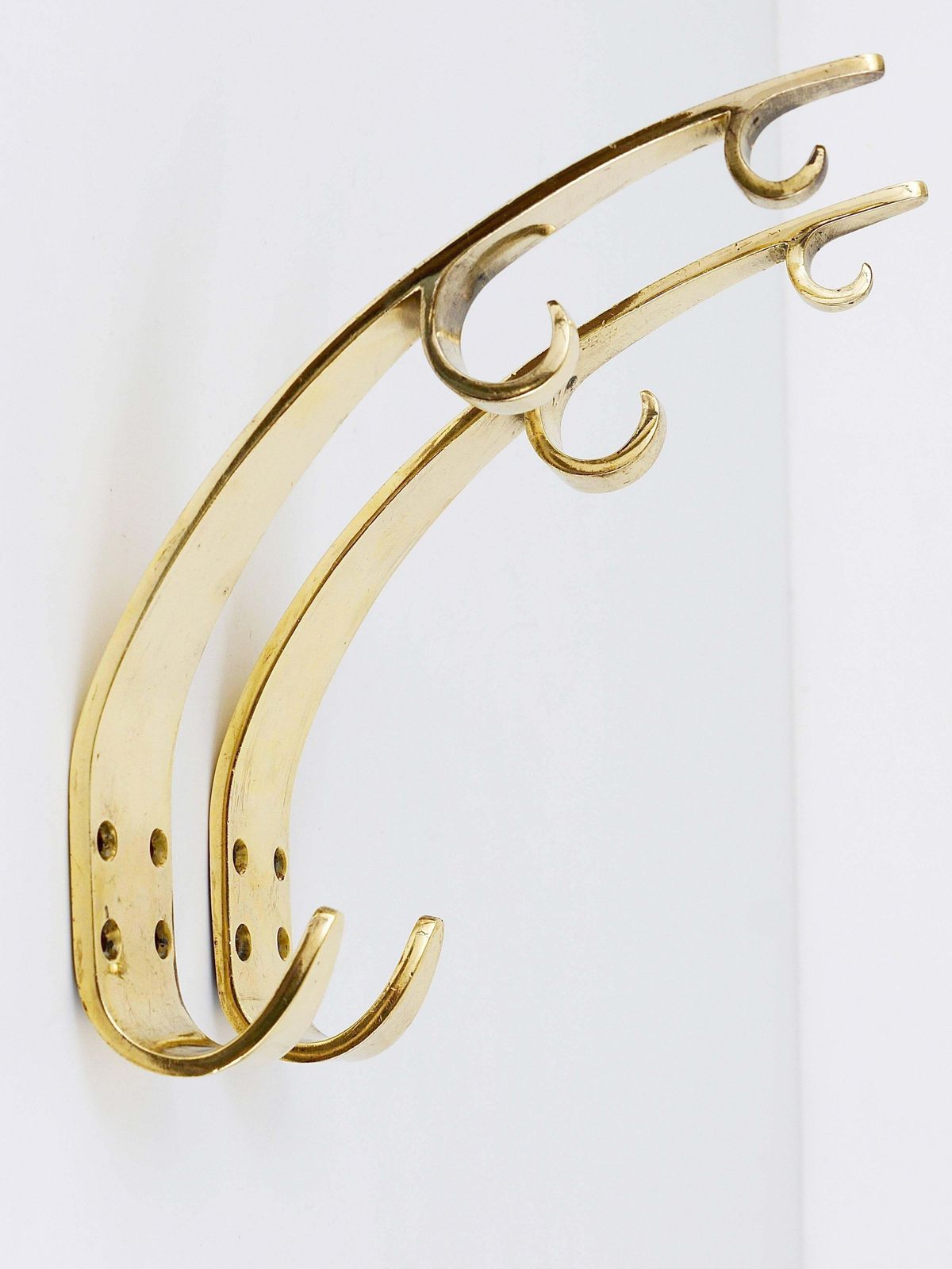 photo furniture Two Large Mid Century Brass Wall Coat Hooks, Herta Baller Vienna, Austria, 1950s