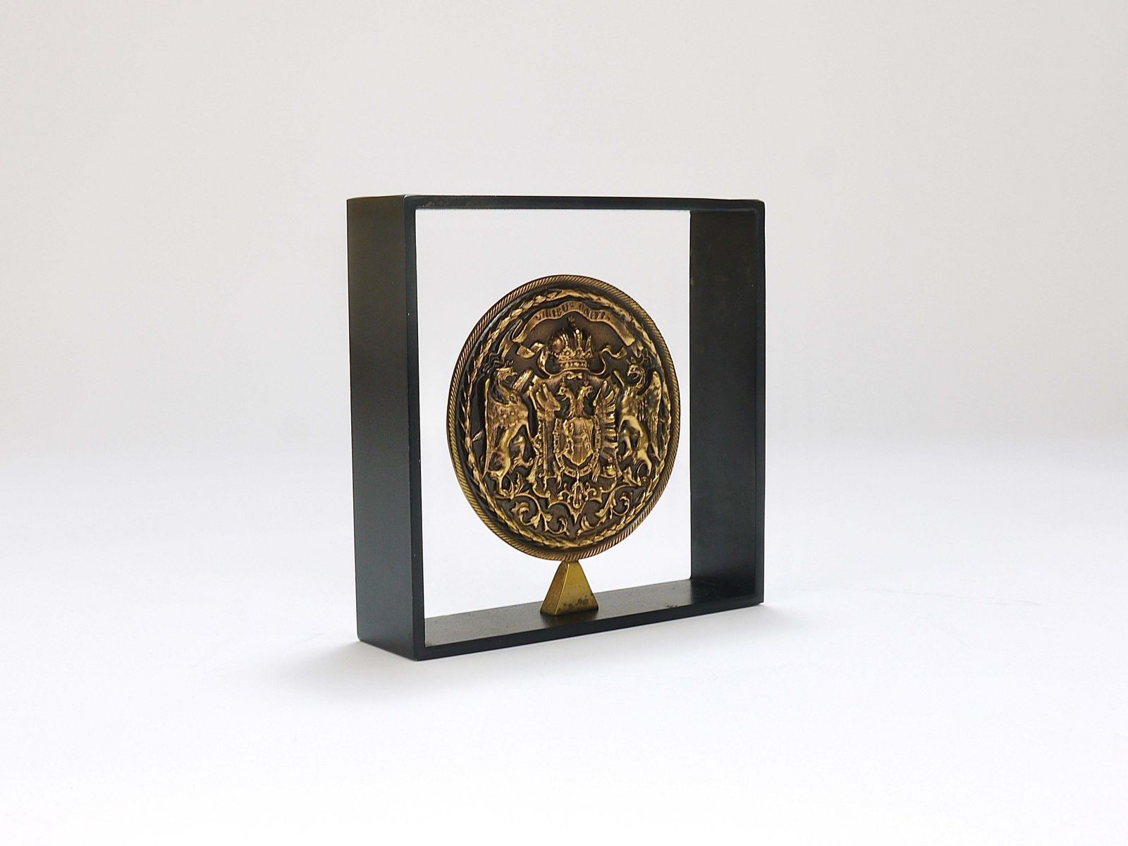 Carl Aubock Iron & Brass Coin Medal Midcentury Bookend, Austria, 1970s photo Home Decor