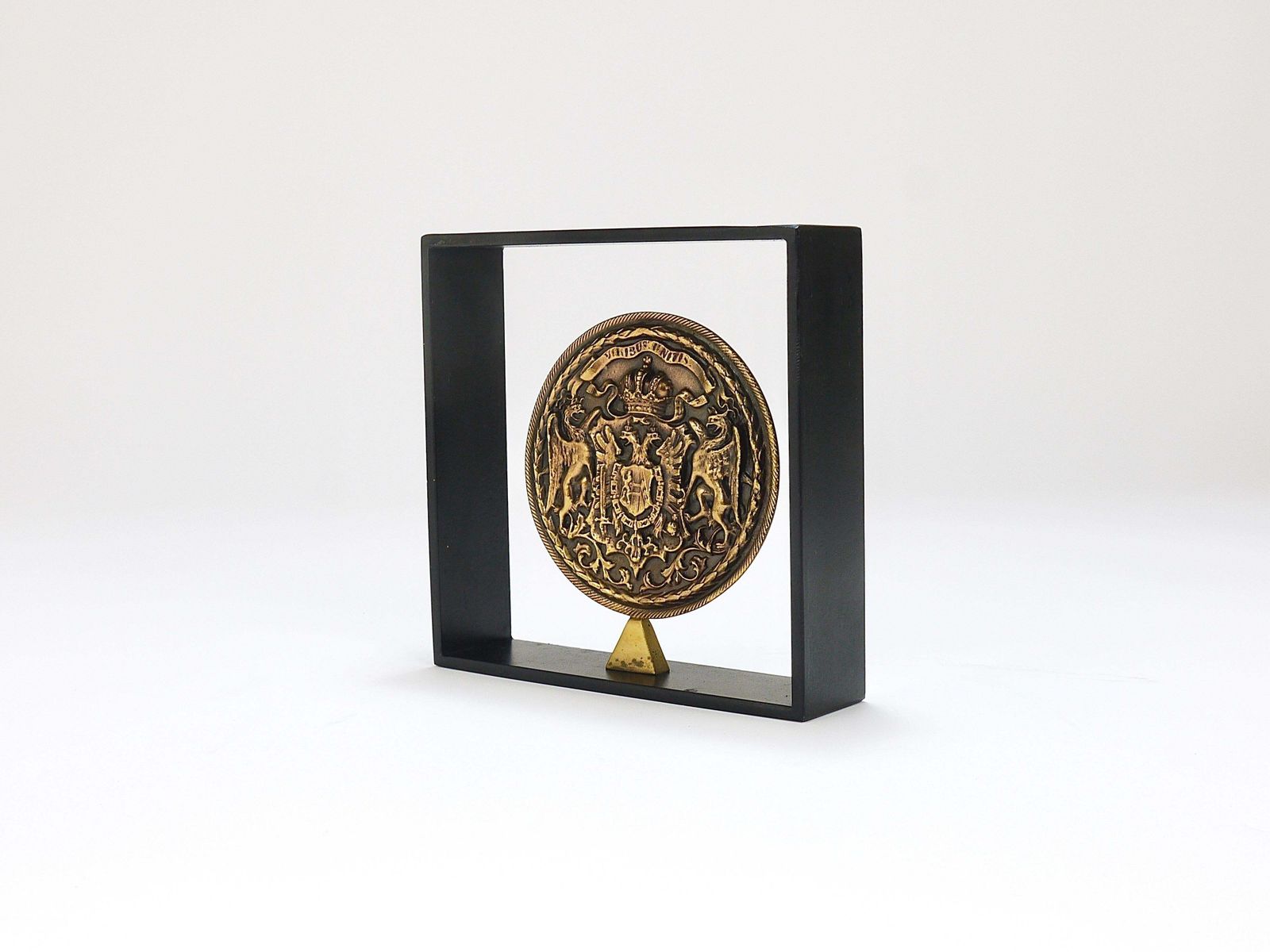 Carl Aubock Iron & Brass Coin Medal Midcentury Bookend, Austria, 1970s photo 2015.0