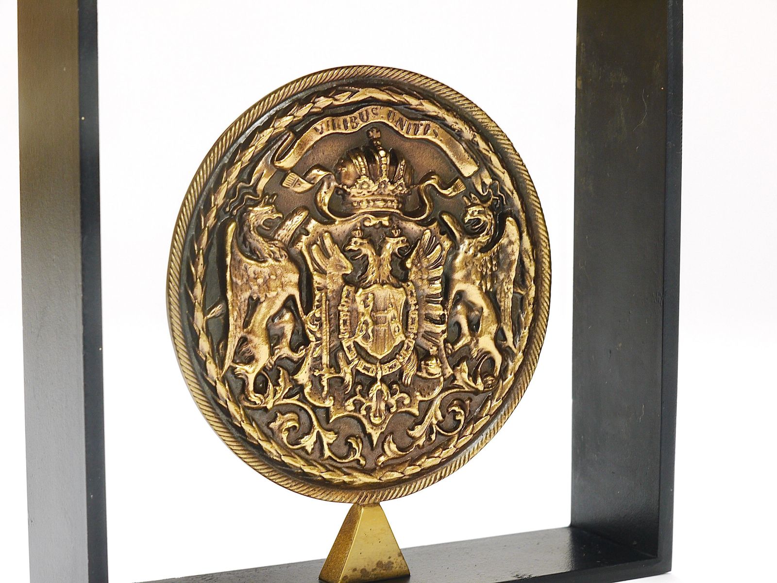 photo furniture Carl Aubock Iron & Brass Coin Medal Midcentury Bookend, Austria, 1970s