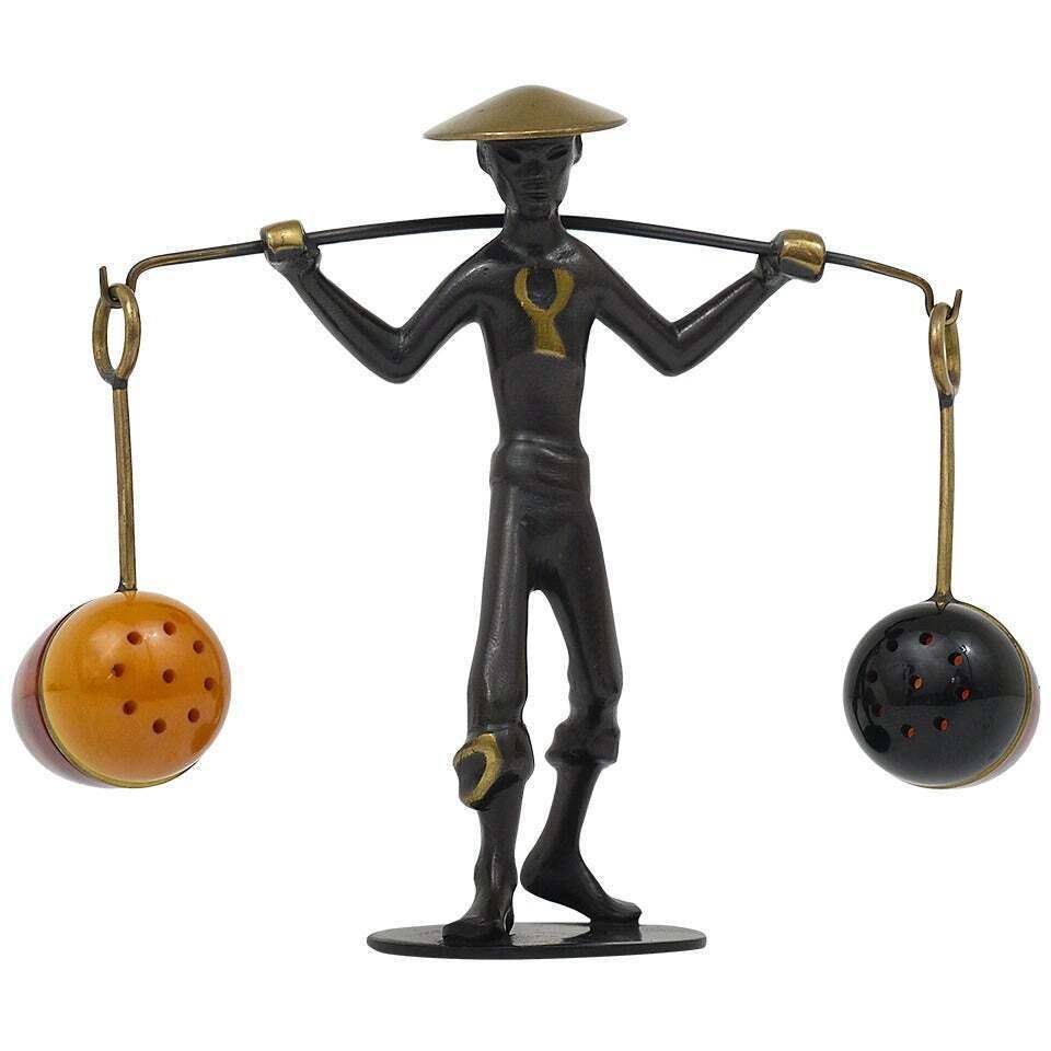 Asian Brass Figurine Salt & Pepper Shakers Set Holder By Rohac, Austria, 1950s