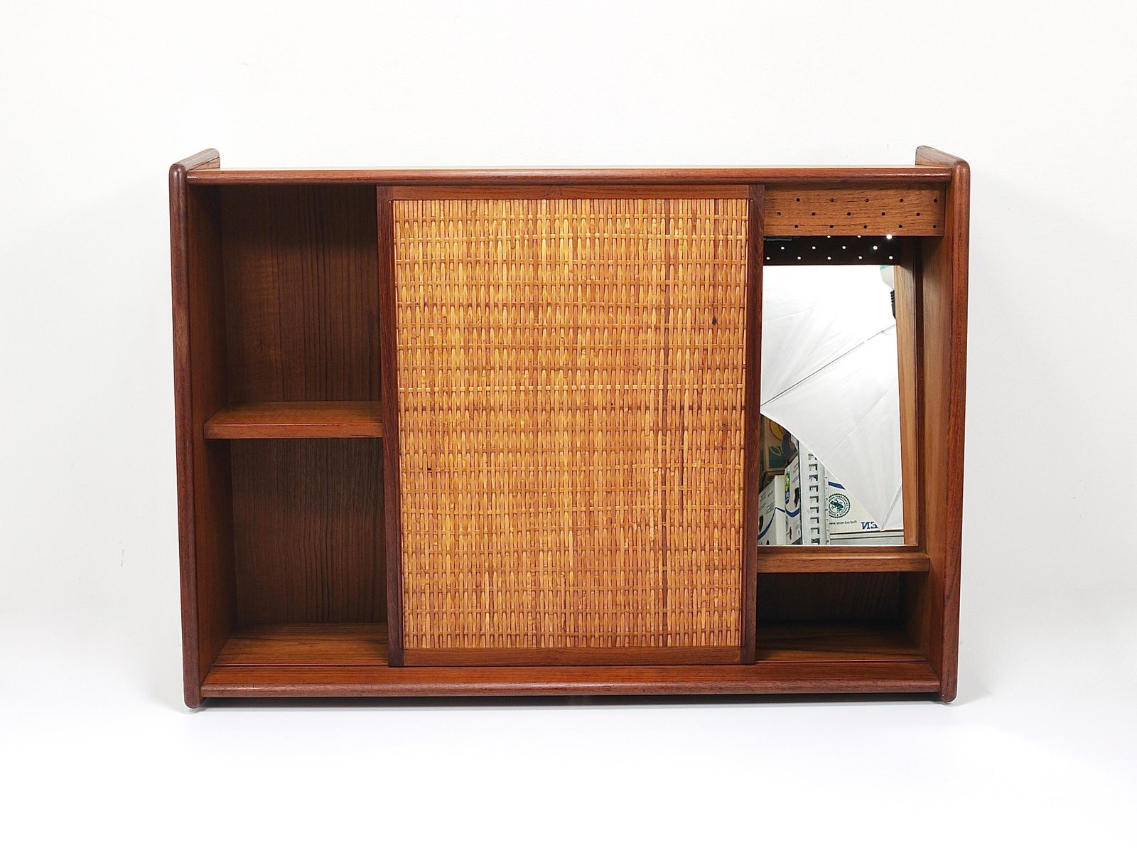 Arne Wahl Iversen Wall Mirror & Shelf Cabinet, Teak & Cane For Brenderup Denmark photo furniture