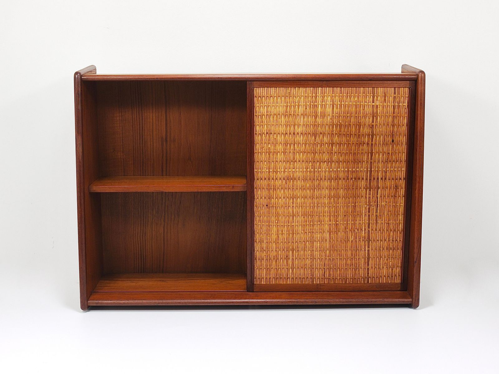 Arne Wahl Iversen Wall Mirror & Shelf Cabinet, Teak & Cane For Brenderup Denmark photo for sale