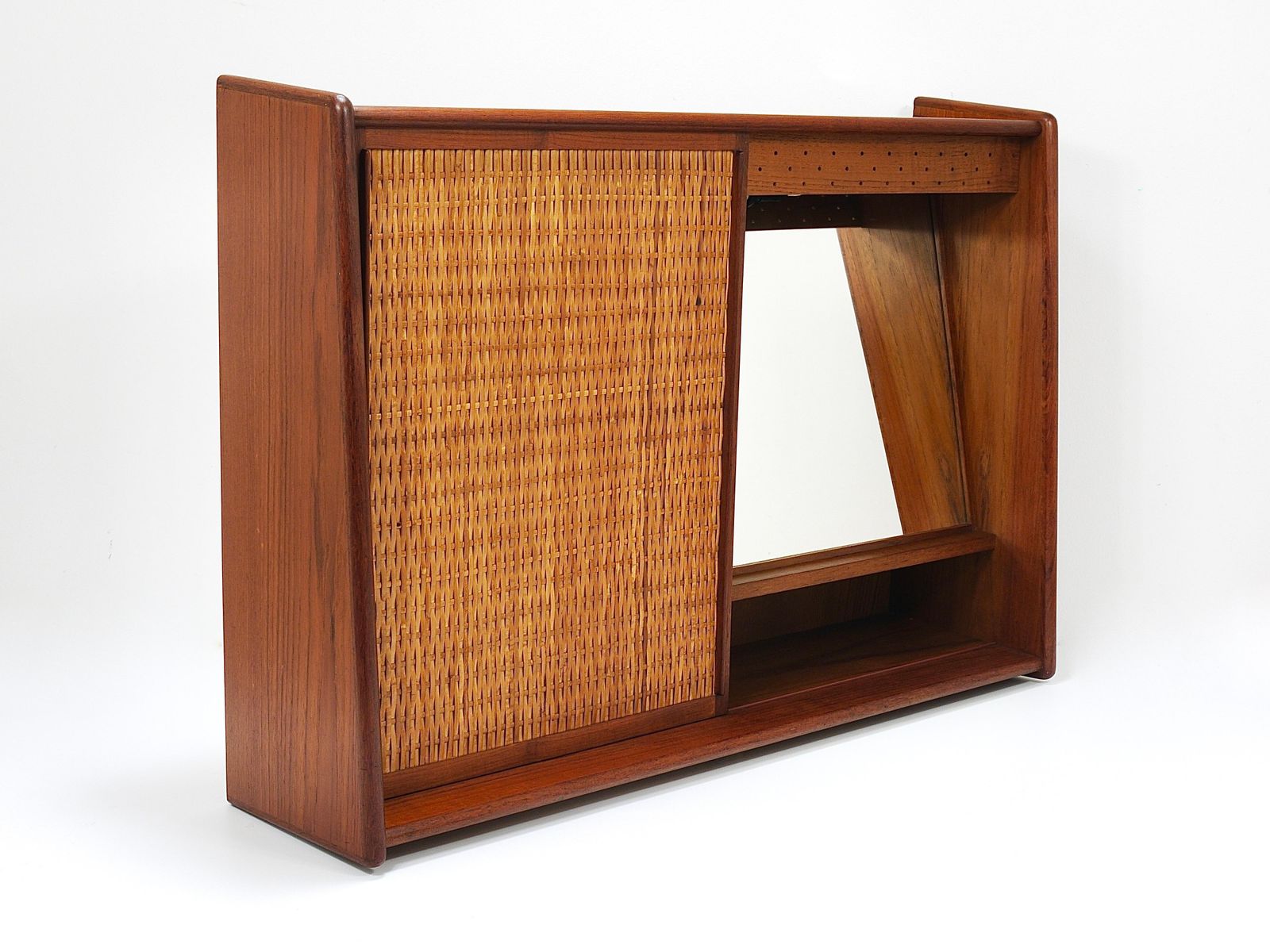 Arne Wahl Iversen Wall Mirror & Shelf Cabinet, Teak & Cane For Brenderup Denmark photo Home Decor