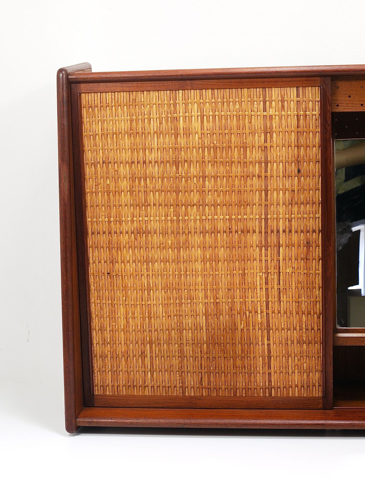 Arne Wahl Iversen Wall Mirror & Shelf Cabinet, Teak & Cane For Brenderup Denmark photo vinterior