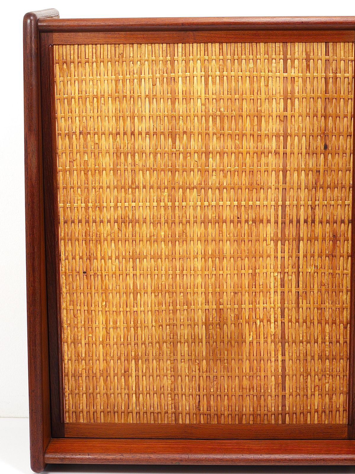 photo furniture Arne Wahl Iversen Wall Mirror & Shelf Cabinet, Teak & Cane For Brenderup Denmark