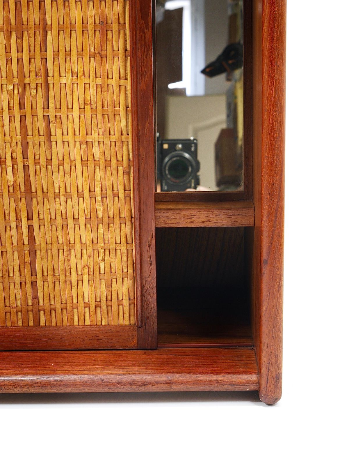 photo buy Arne Wahl Iversen Wall Mirror & Shelf Cabinet, Teak & Cane For Brenderup Denmark